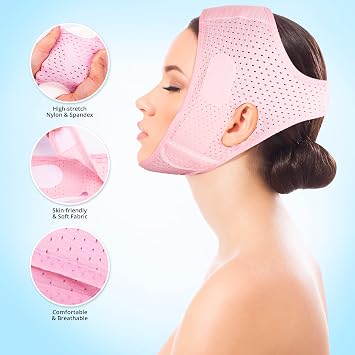 Reusable Double Chin Reducer- V Line Mask -Double Chin Remover-Facial Slimming Chin Strap-Chin Up Mask Face Lifting Belt V Shaped Slimming Face Mask, Pink