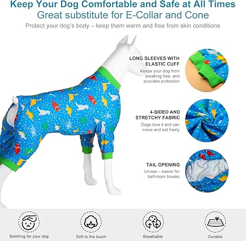 Miniatura 5 de LovinPet Great Dane Pj - Pijama para perros grandes, tela elástica ligera, estampado de dinosaurio azul, overol para perro, protección solar, camisa