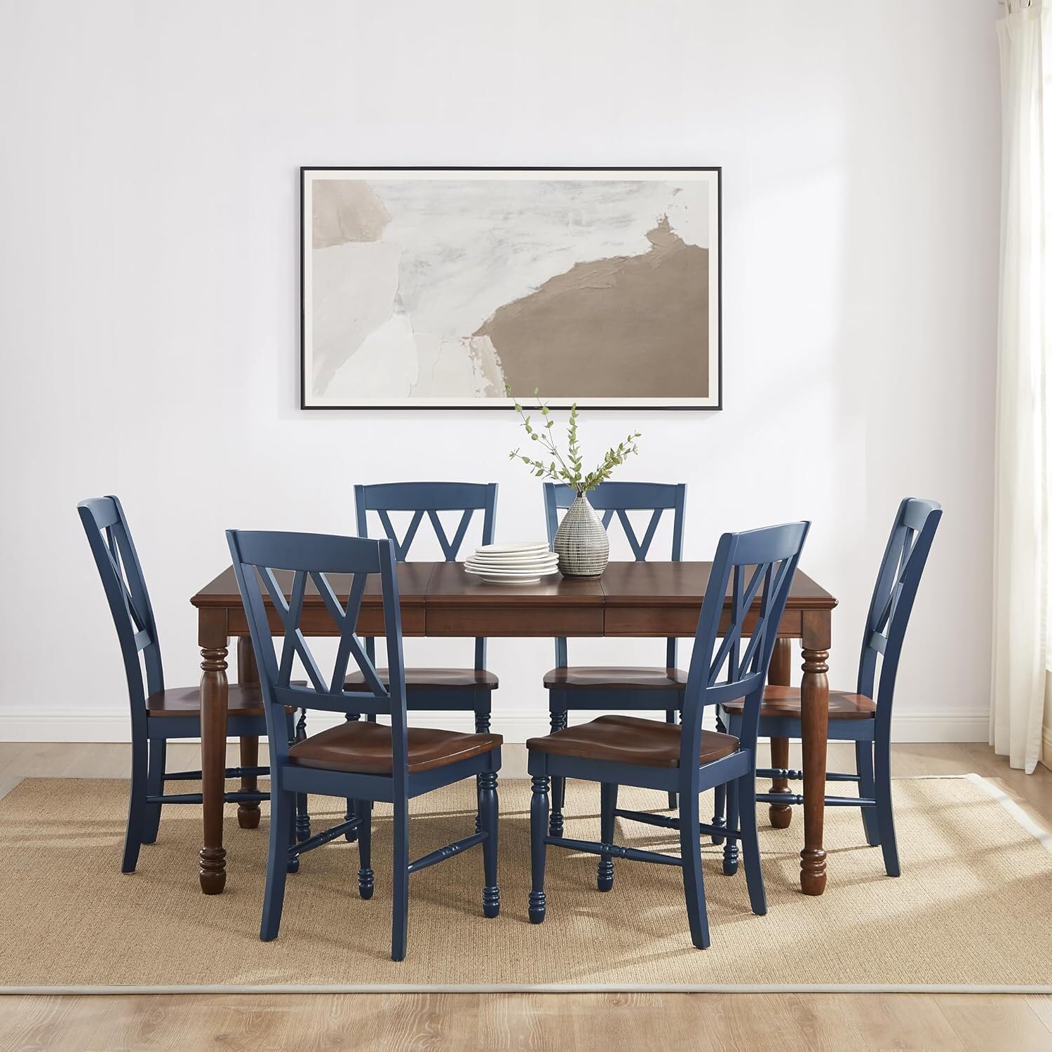 Dining Set with Table & Extension Leaf - Rectangular Kitchen & Dining Room Set 7 Piece/Navy and Dark Cherry