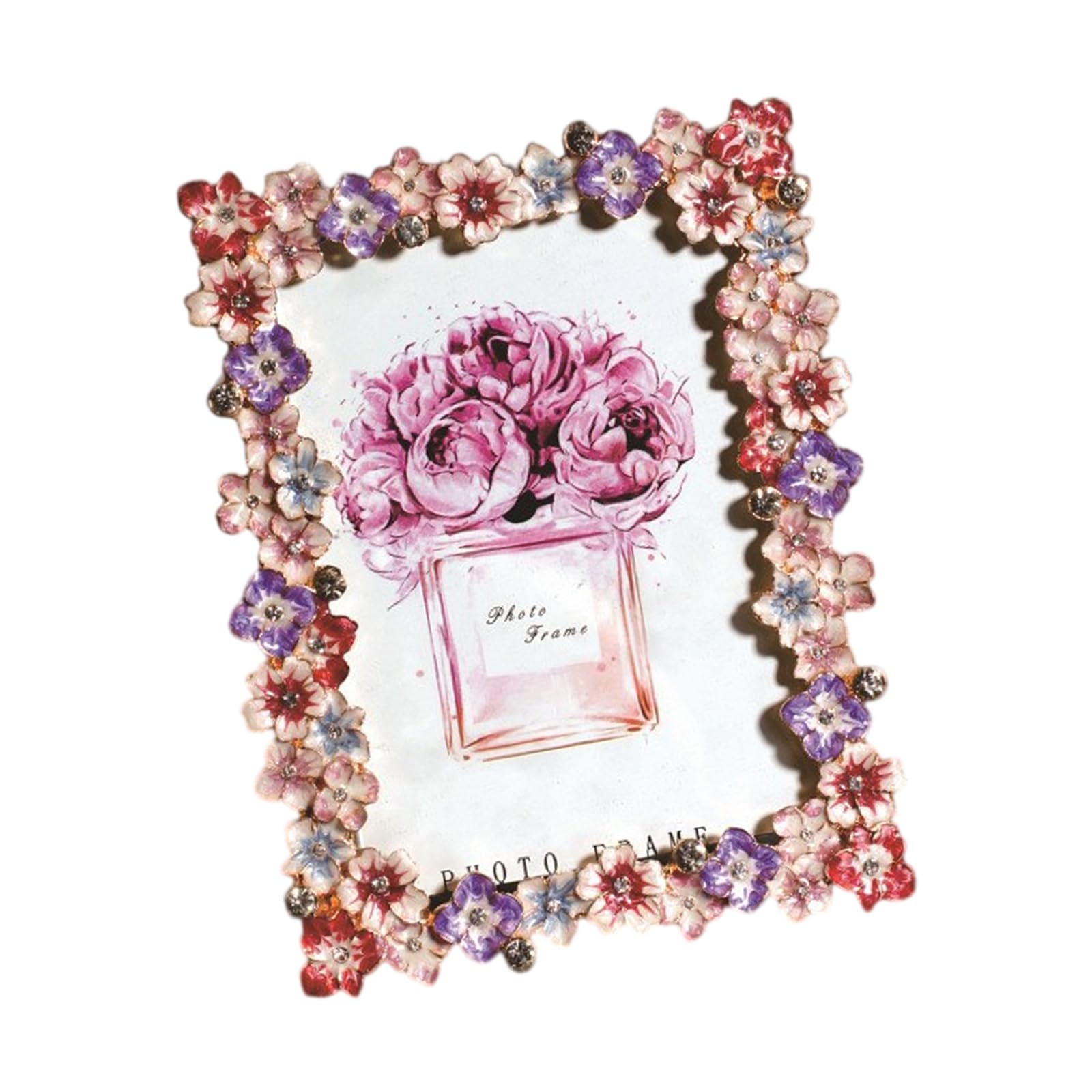 Metal Picture Frame with Intricate Enameled Flower Detail Garden Theme Photo for Horizontal & Vertical Flower Enameled Photo