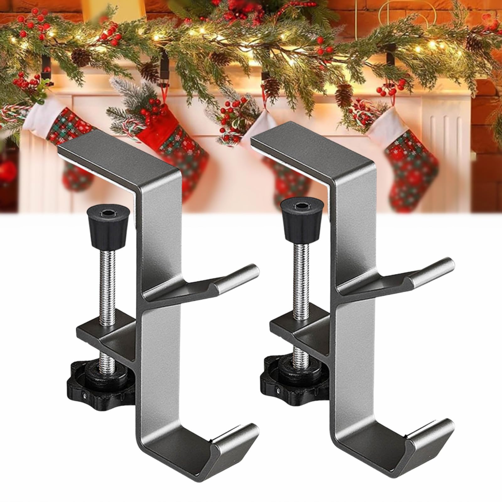 Garland and Stocking Mantel Holders, 2 in 1 Stocking and Garland Hangers for Fireplace, Adjustable Heavy Duty Garland Hanger, Dual Purpose with Two Hooks (Grey-2PCS)