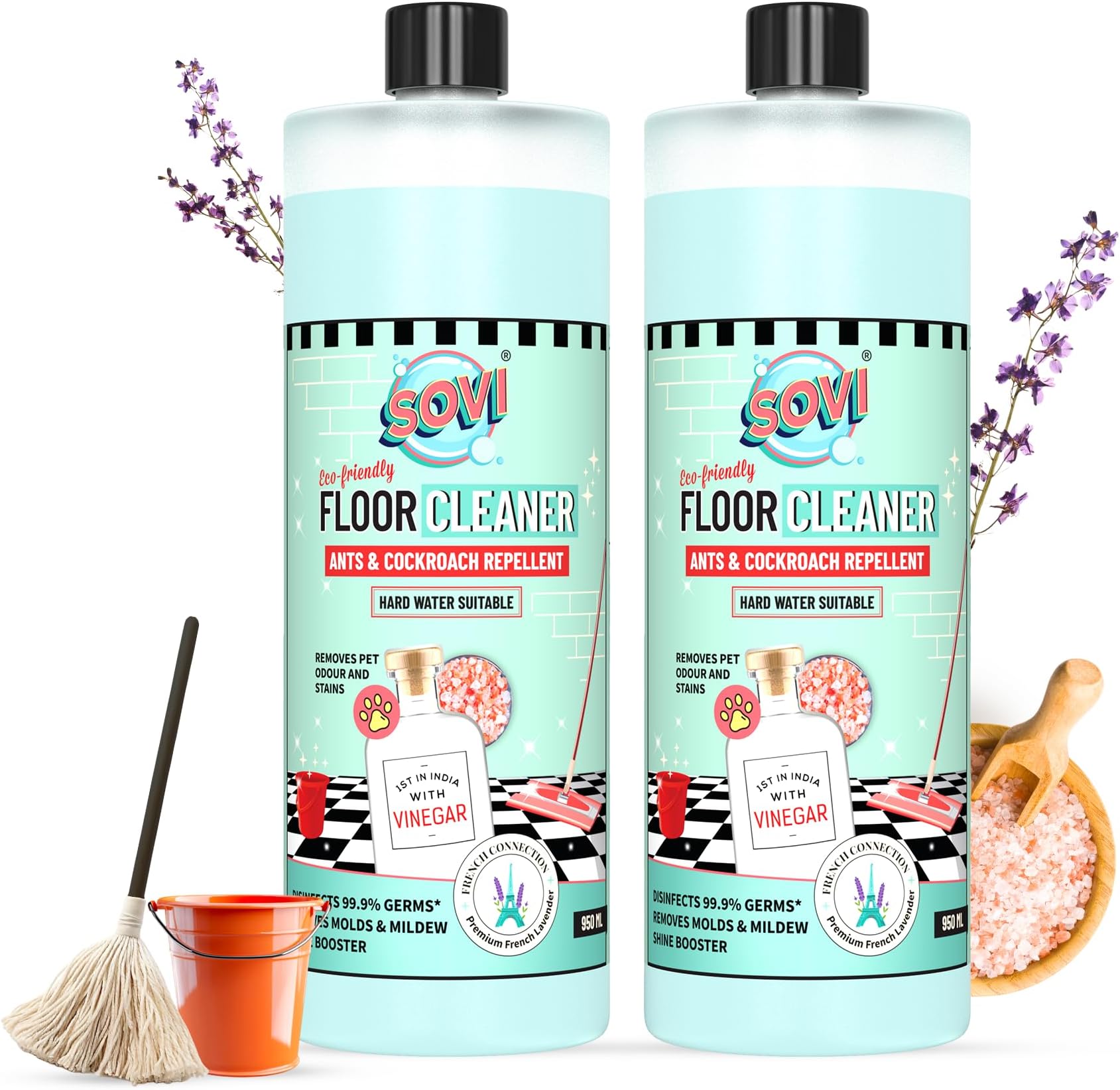 SOVI Floor Cleaner with Vinegar Power – Lavender Fragrance | Repels Cockroaches & Ants, Removes Stains & Pet Odours | Child & Pet Safe, Eco-Friendly Cleaning Solution 950ml (Pack of 2)