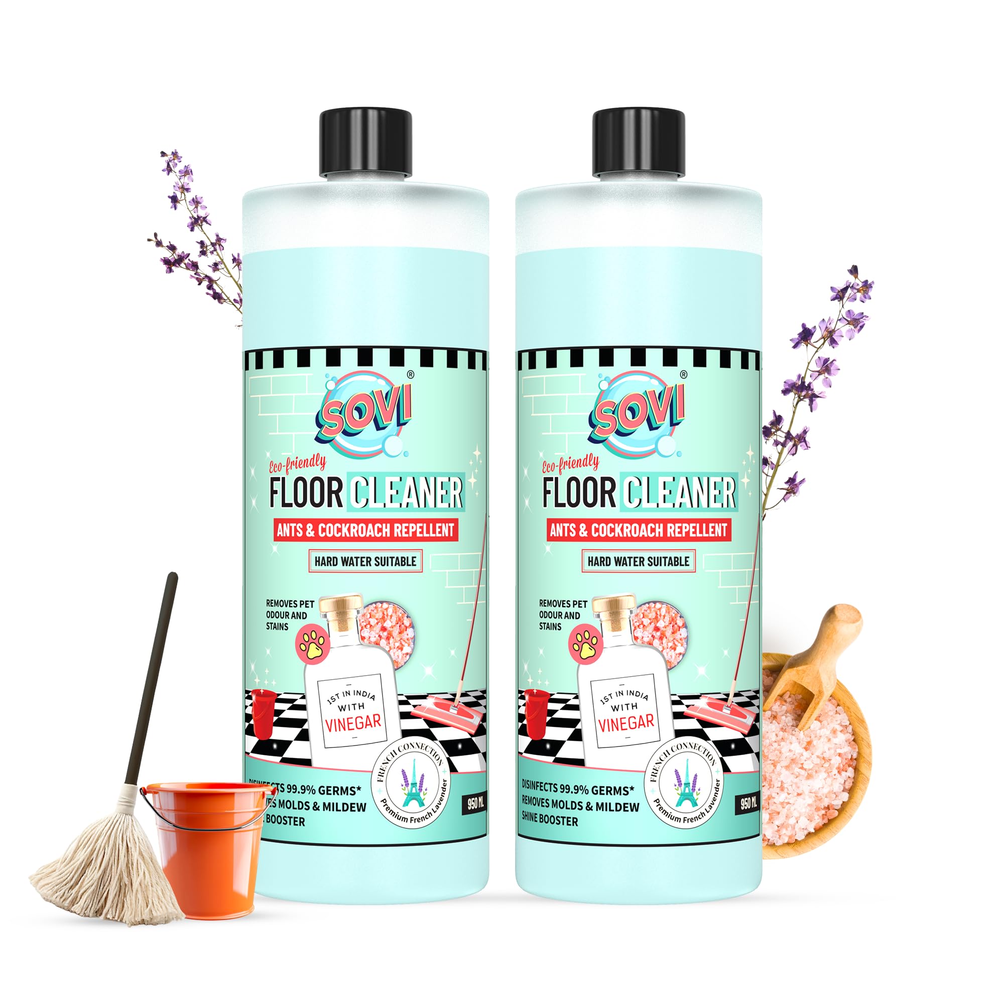 SOVI Floor Cleaner with Vinegar Power – Lavender Fragrance | Repels Cockroaches & Ants, Removes Stains & Pet Odours | Child & Pet Safe, Eco-Friendly Cleaning Solution 950ml (Pack of 2)