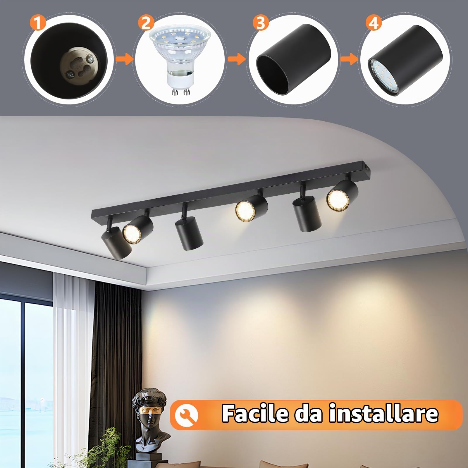 Homefire Faretto LED da soffitto nero - 6 lampadine GU10 plafoniera Faretti | orientabili a 350° faretto da soffitto per interni soggiorno cucina camera da letto senza lampadina