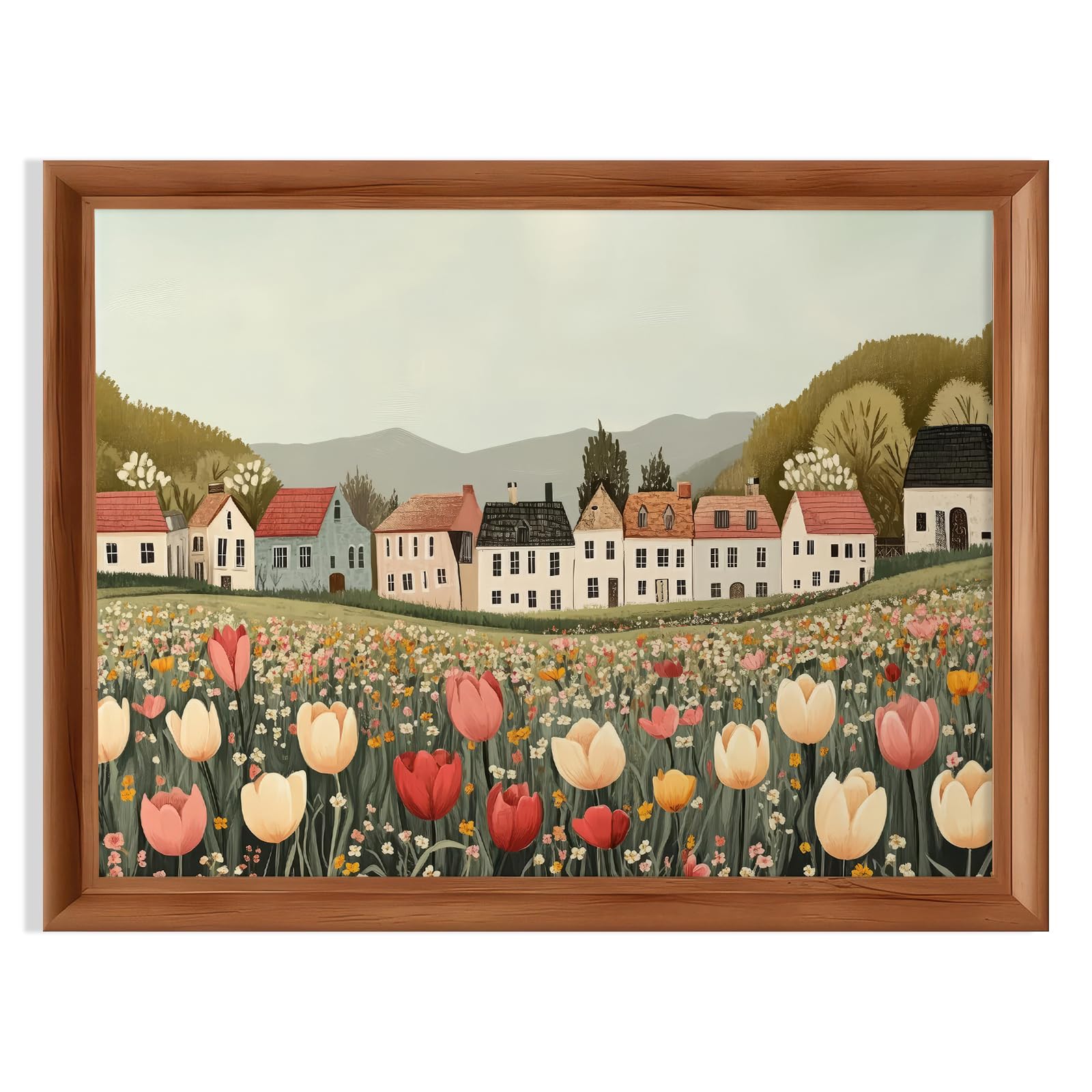 ZHGYGBN Vintage Tulip Fields Canvas Wall Art - Rustic Village Painting with Dusty Pink & Terracotta Blooms, Textured Oil Brushstrokes for Farmhouse Bedroom Decor, 12x16 Inch UnFramed — image 1