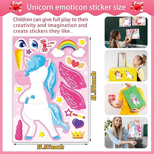 Miniatura 2 de 36 hojas de calcomanías de unicornio, haz una cara para niños, haz tu propio unicornio de animales de fantasía para mezclar y combinar, suministros
