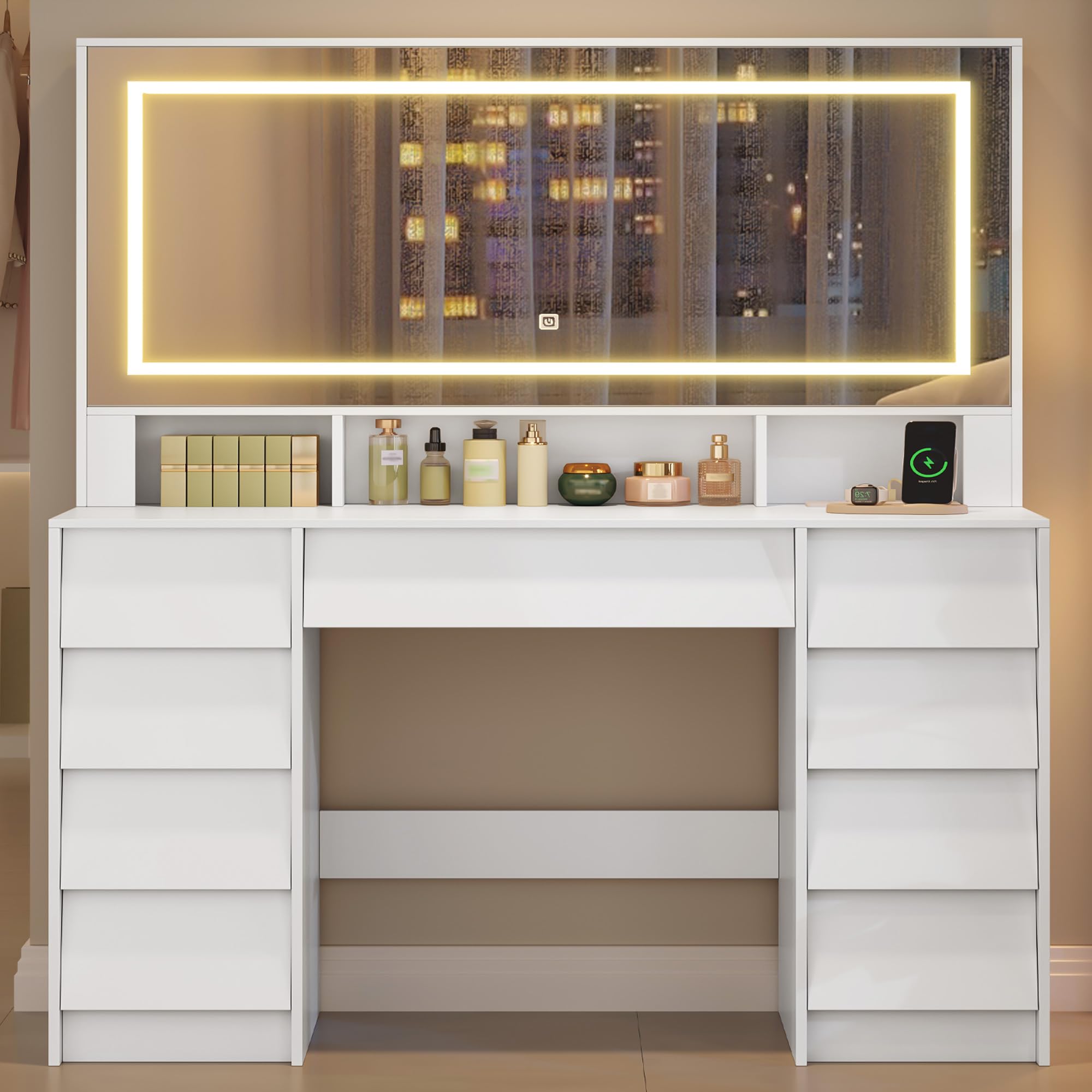Hzuaneri 108 cm Toeletta Trucco, Postazione Trucco con Grande Specchio HD, Ciabatta Multipresa, Illuminazione a LED, 9 Cassetti, 3 Scomparti Portaoggetti, per Camera da Letto, Bianco 1180303XEU