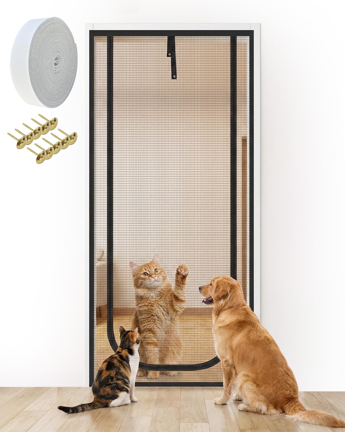 Zumhigh Screen Doors - Cat Door Screen with Double Sides Zip Heavy Duty Pet Screen Door for Dogs Cats Mosquitos Fits Door Size 200cm x 80cm for Living Room Bedroom Kitchen Patio Corridor Black