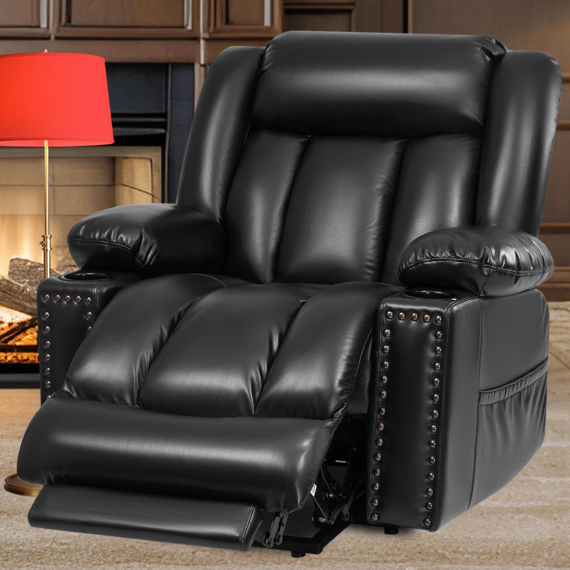 Cfvyne Large Power Lift Chairs Recliners for Elderly with Extended Footrest, Big and Tall Lift Chairs with Heat and Massage, Overstuffed Wide Recliner, (Breathable Leather - Black - Set of 1)