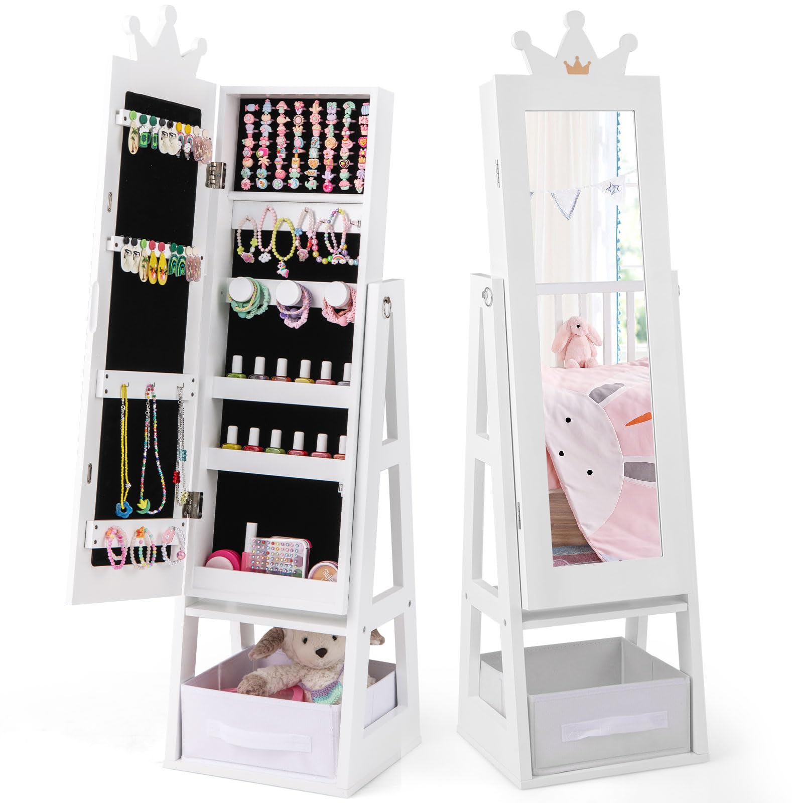 COSTWAY COSTWAY Armario de Joyería para Niñas con Espejo, Espejo Joyero de Cuerpo Completo con Gran Capacidad de Almacenamiento, Armario para Joyas Infantil con Ganchos, Estantes y Cajón (Blanco)