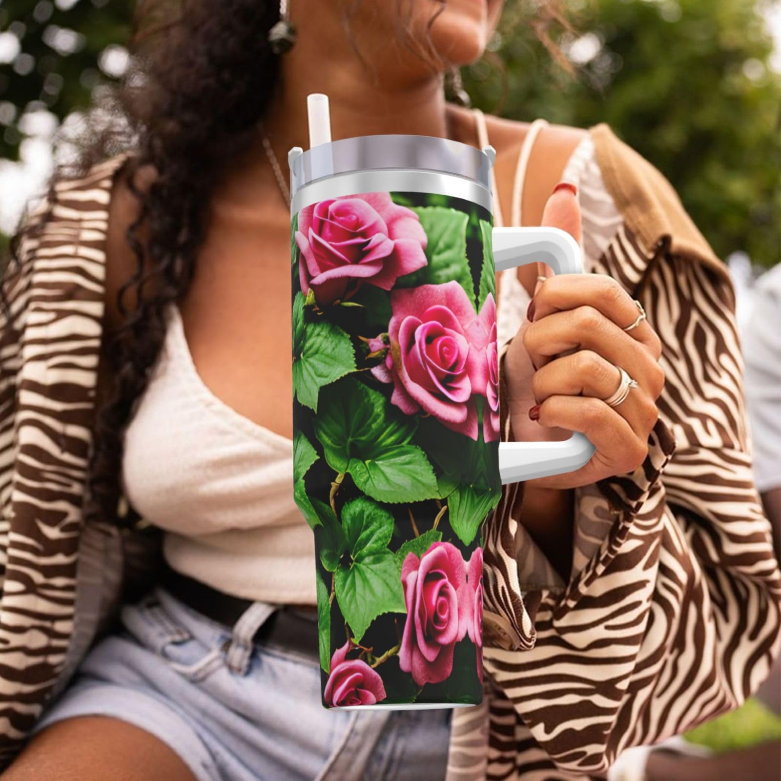 Trinkflasche mit Blumen-Rosen-Efeu mit Blättern, Edelstahl, doppelwandig, isoliert, mit Griff und Strohhalm-Deckel, 1,2 l