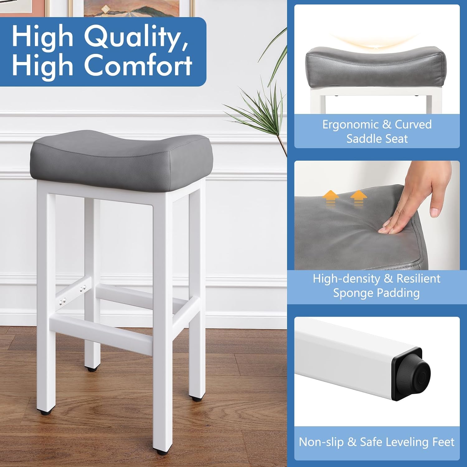29 Inch Bar Height Bar Stools Set of 2, 29 Barstools for Kitchen Island Counter, Backless Bonded Leather Bar Height Stools with Thick Saddle Seats & Heavy Duty Metal Base, Easy Assembly, Gray/White