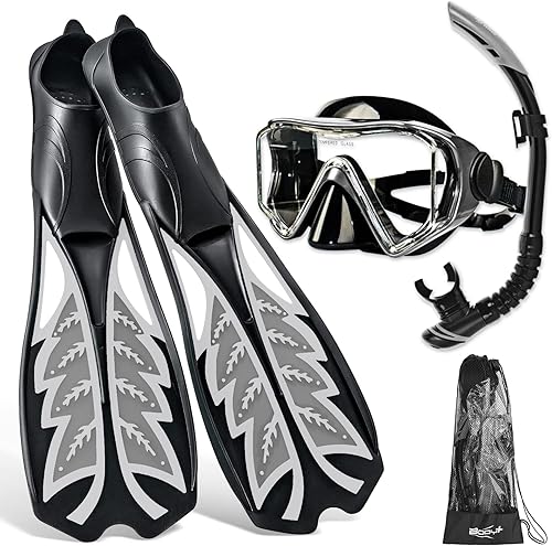 Juego de esnórquel para adultos, paquetes de esnórquel, equipo para hombres y mujeres, aletas largas de buceo + máscara de buceo antifugas de vista