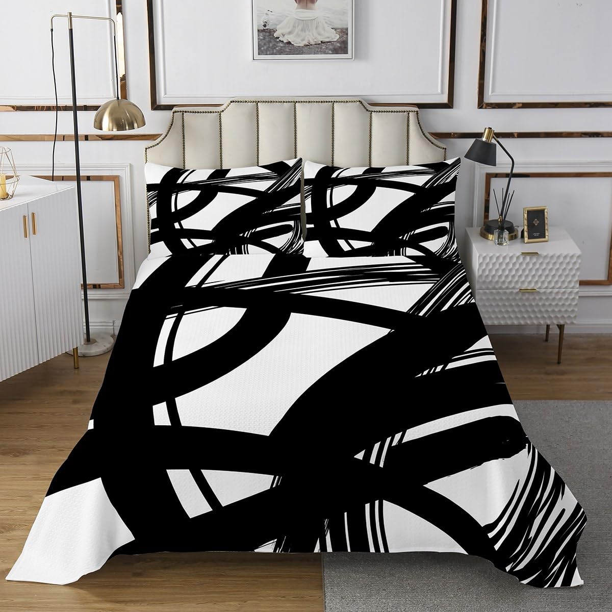 Feelyou Kids Abstract Bedspread King Size Deep White Black Quilted Coverlet for Boys Girls Teens Bedroom Decor Modern Art Coverlet Set Geometric Breathable Soft Lightweight Microfiber 3Pcs