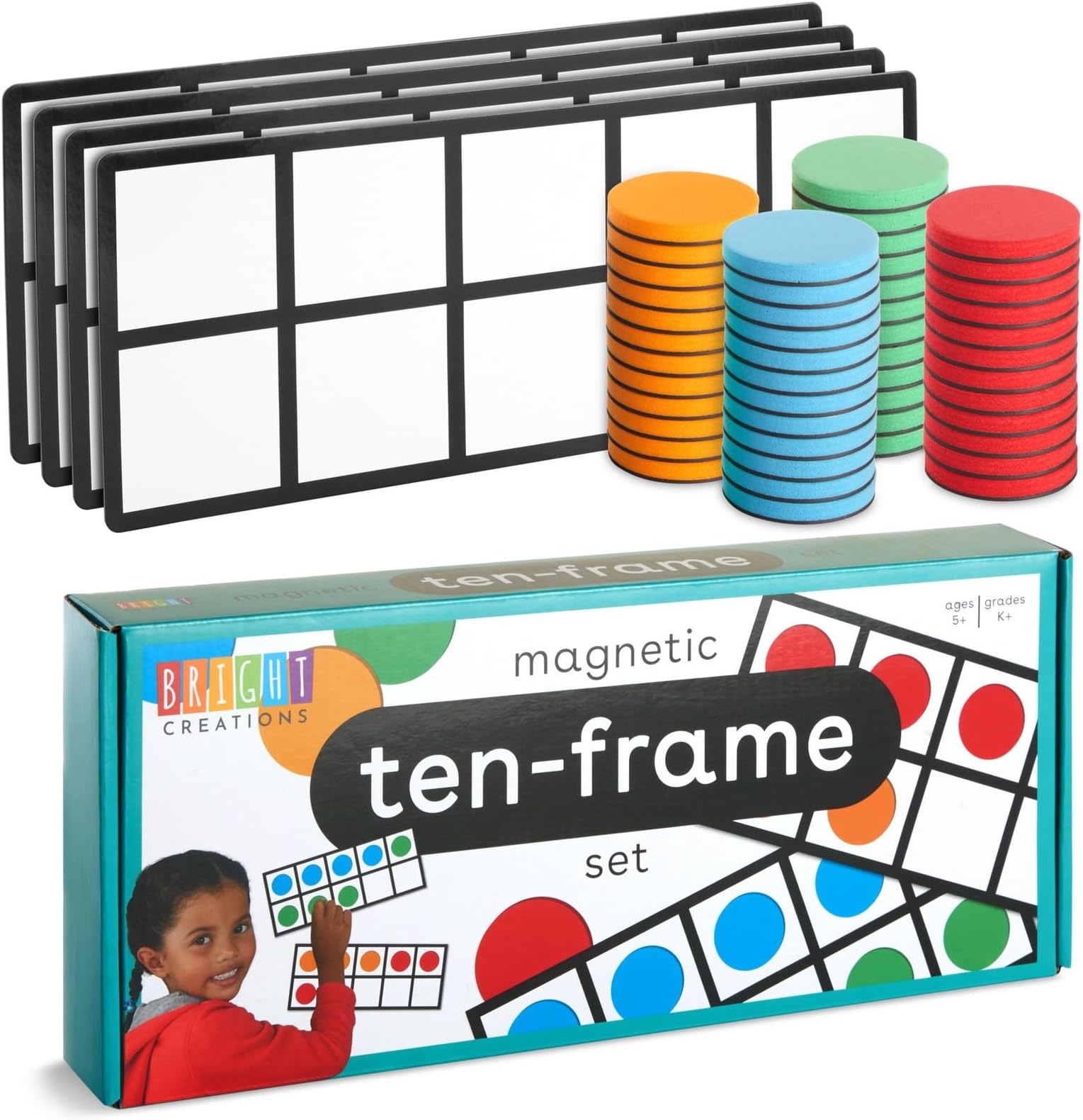 Bright Creations 4 Pack Giant Magnetic Ten Frames with 48 Math Counters, Magnet Frame for Classroom Learning