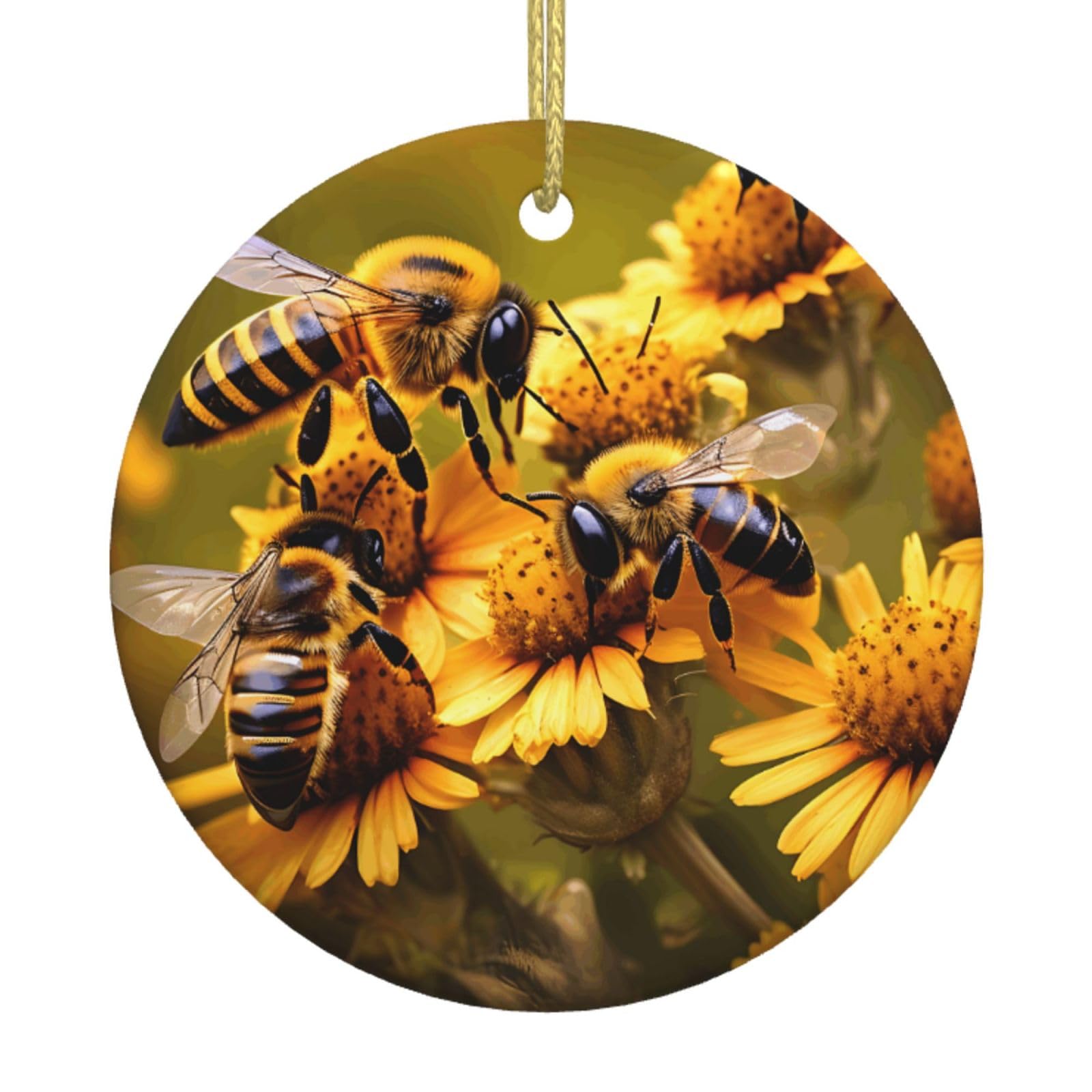 Rural Honey Bees Flowers Print Christmas Ornaments, Ceramic Hanging Ornament, Round Shape Decorations