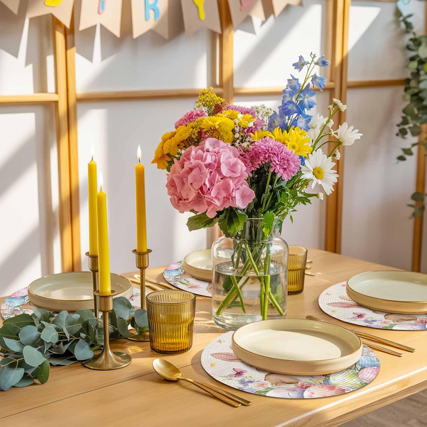 Cute Bunny Easter Eggs Round Placemats Spring Flower Butterfly Woven Place Mats Set of 8,15 inch Heat Resistant Table Mats for Spring Holiday Dining Kitchen Decoration