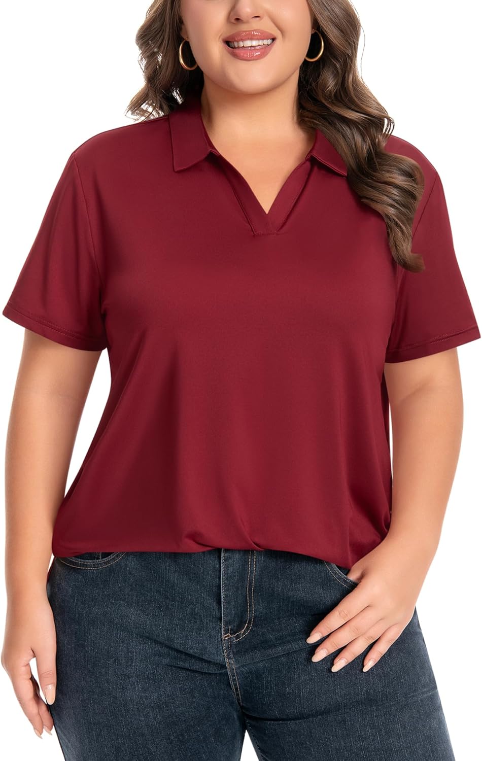 Idtswch Women's Plus Size V-Neck Short Sleeve Polo Shirt Quick-Dry UPF 50+ Casual Work Golf Shirt(XL-6XL)
