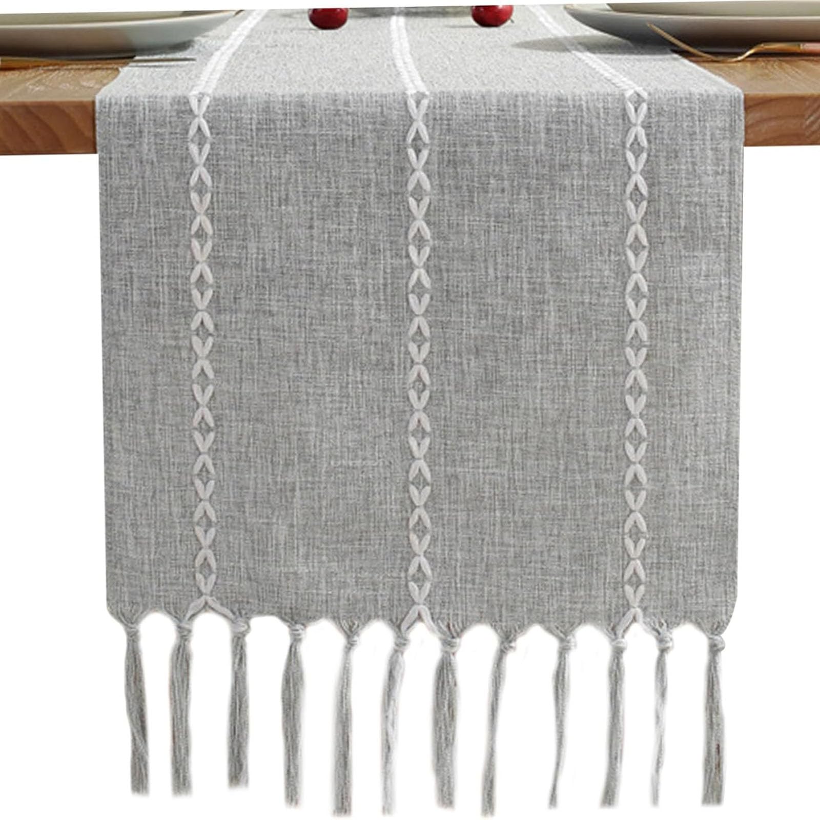 Runner da tavola in cotone e lino con nappe a mano, stile rustico, decorazione per tavolo da cucina, nappa lunga 10 cm, per feste, sala da pranzo, decorazione da tavolo da dessert, adatto per autunno