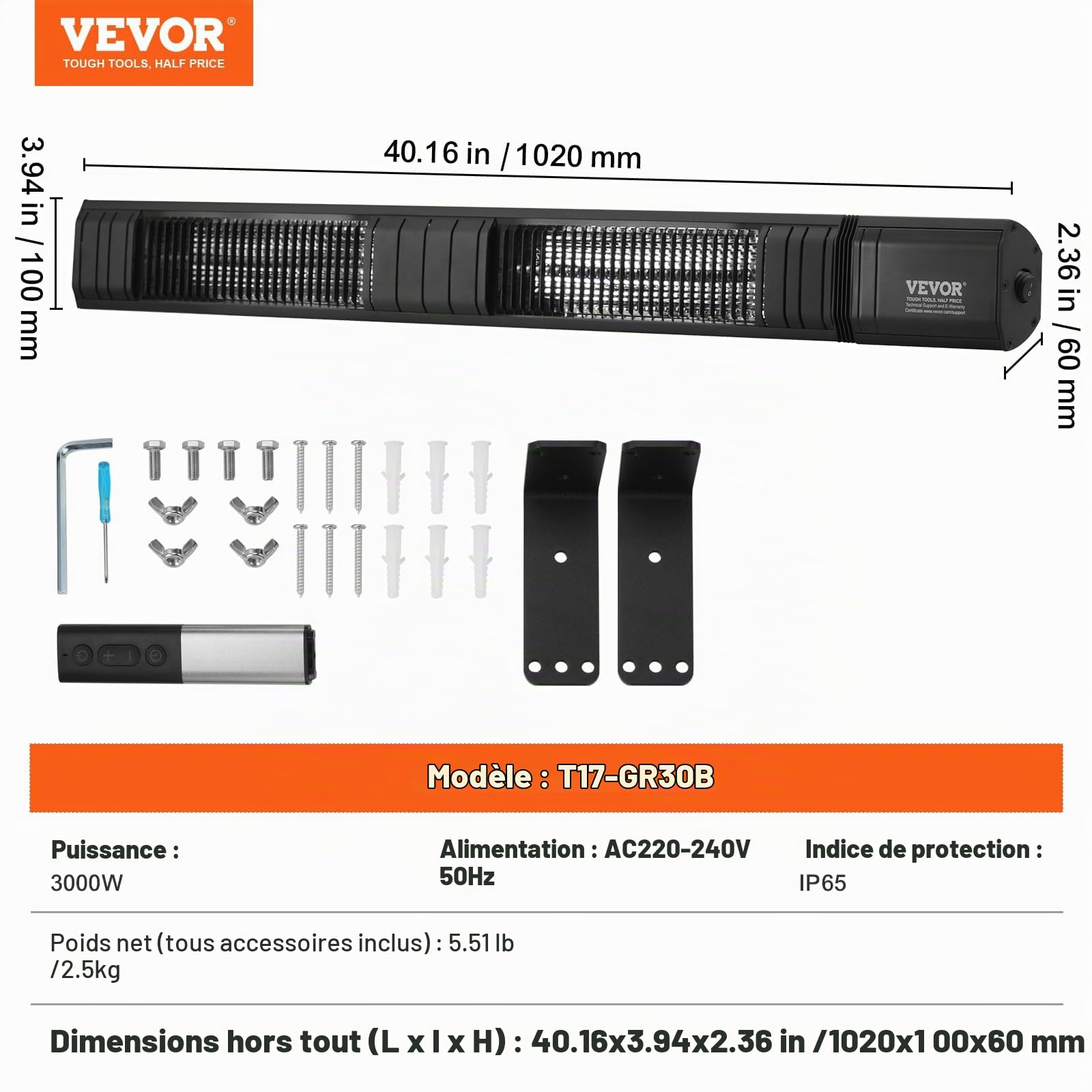 VEVOR Chauffage extérieur terrasse, 3000 W, radiateur infrarouge électrique avec télécommande, 9 vitesses, minuterie, protection IP65, support mural, pour porche, patio, salle à manger, studio, jardin