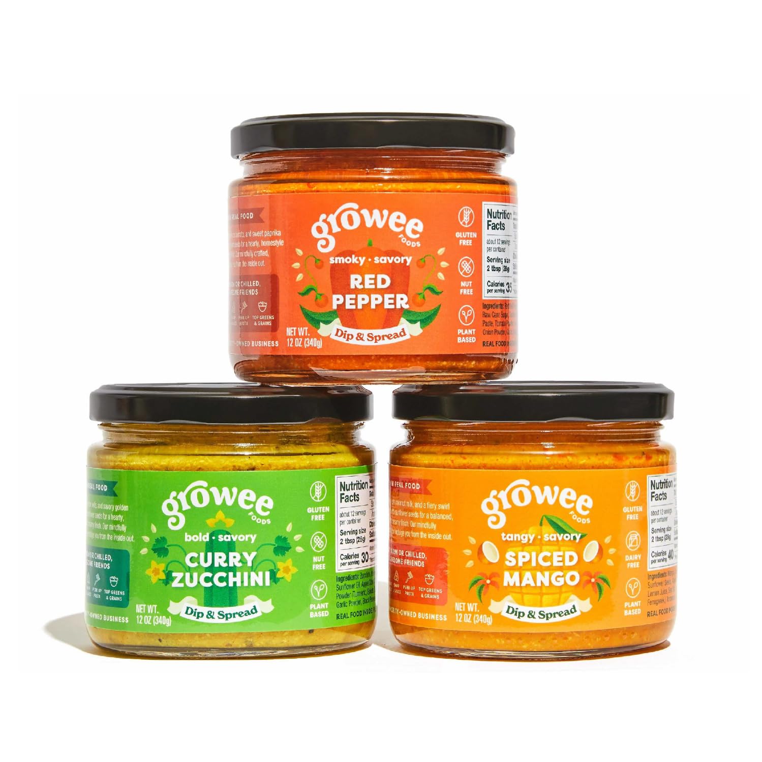 Growee Foods Vegan Trio - Spiced Mango Spread, Three Pepper Spread & Curry Zucchini Sandwich Spread - Creamy Vegan Spread, Gluten-Free, Plant-Based, Non-GMO, Nut-Free Dips and Spreads - 9 oz each