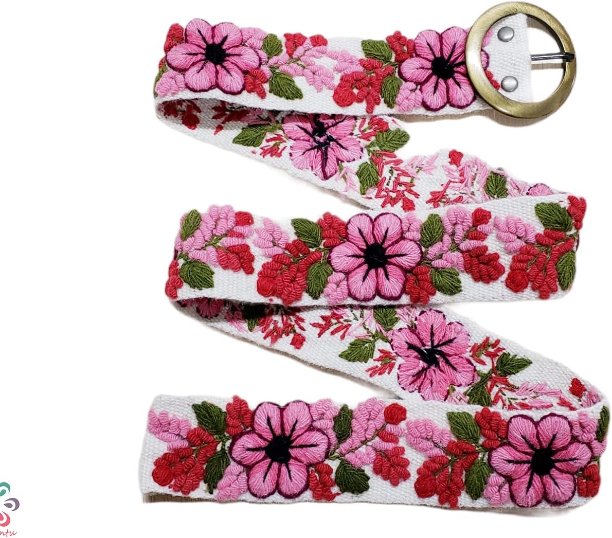 Ivory belt with pink flowers, handmade embroidered with natural wool in peru, artistic floral embroidery, woman gift, XS, S, M, L, XL