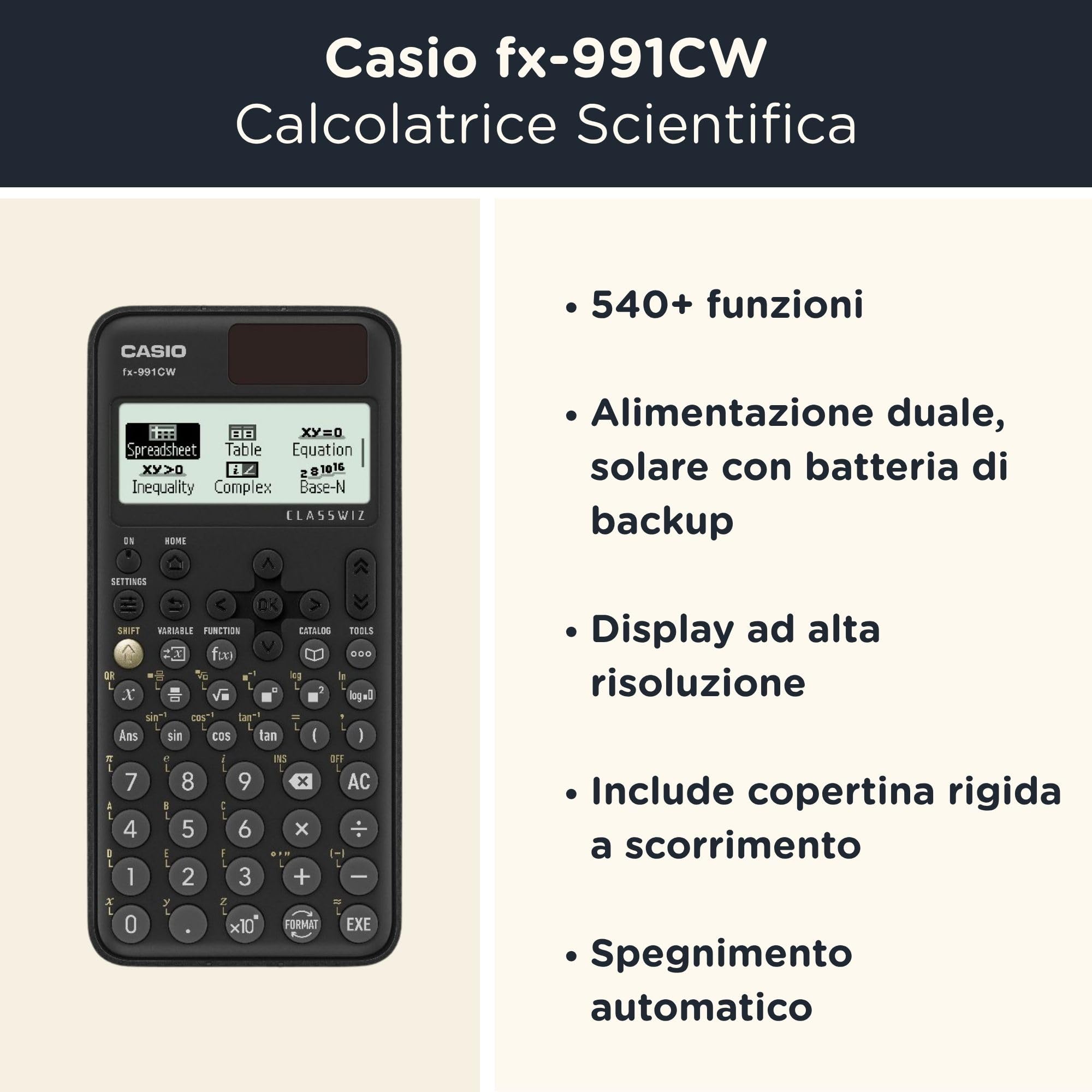 Casio fx-991CW ClassWiz con Custodia Protettiva WYNGS inclusa Grigio Scuro - Calcolatrice Scientifica - Pacchetto Base