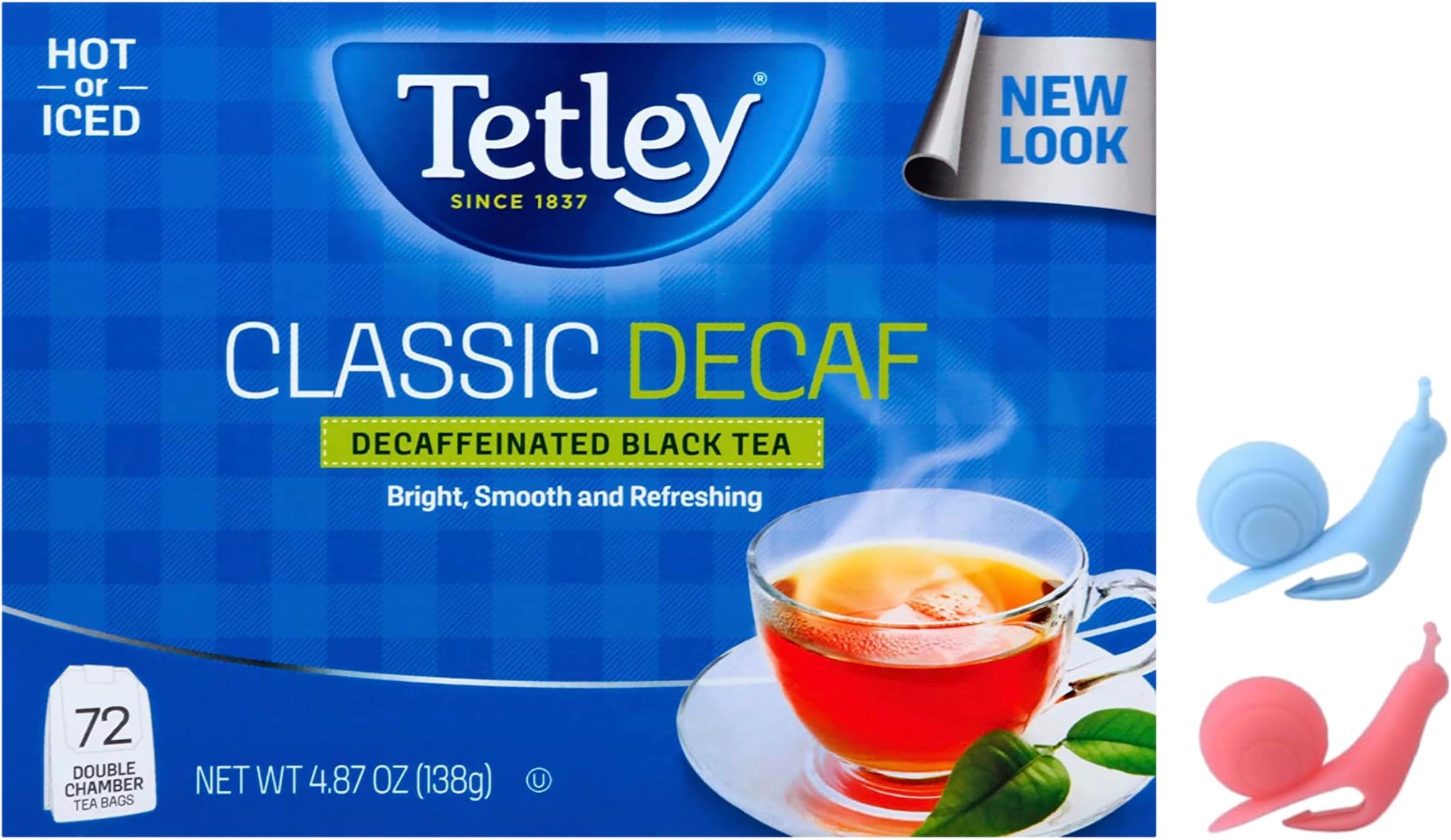 Tetley, Decaffeinated Classic Black Tea Bags, 72 Double chamber Tea Bags | Served Hot or Iced and Bundled with 2 Snail Shape Tea Bag Holder clip Drink Markers for Cup, Mug In a Soko Smiles Bag.