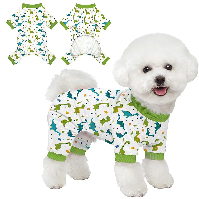 Pijama para cães Ruirichfun com tecido respirável Green Dinosaur tamanho Grande (peito 46 cm)