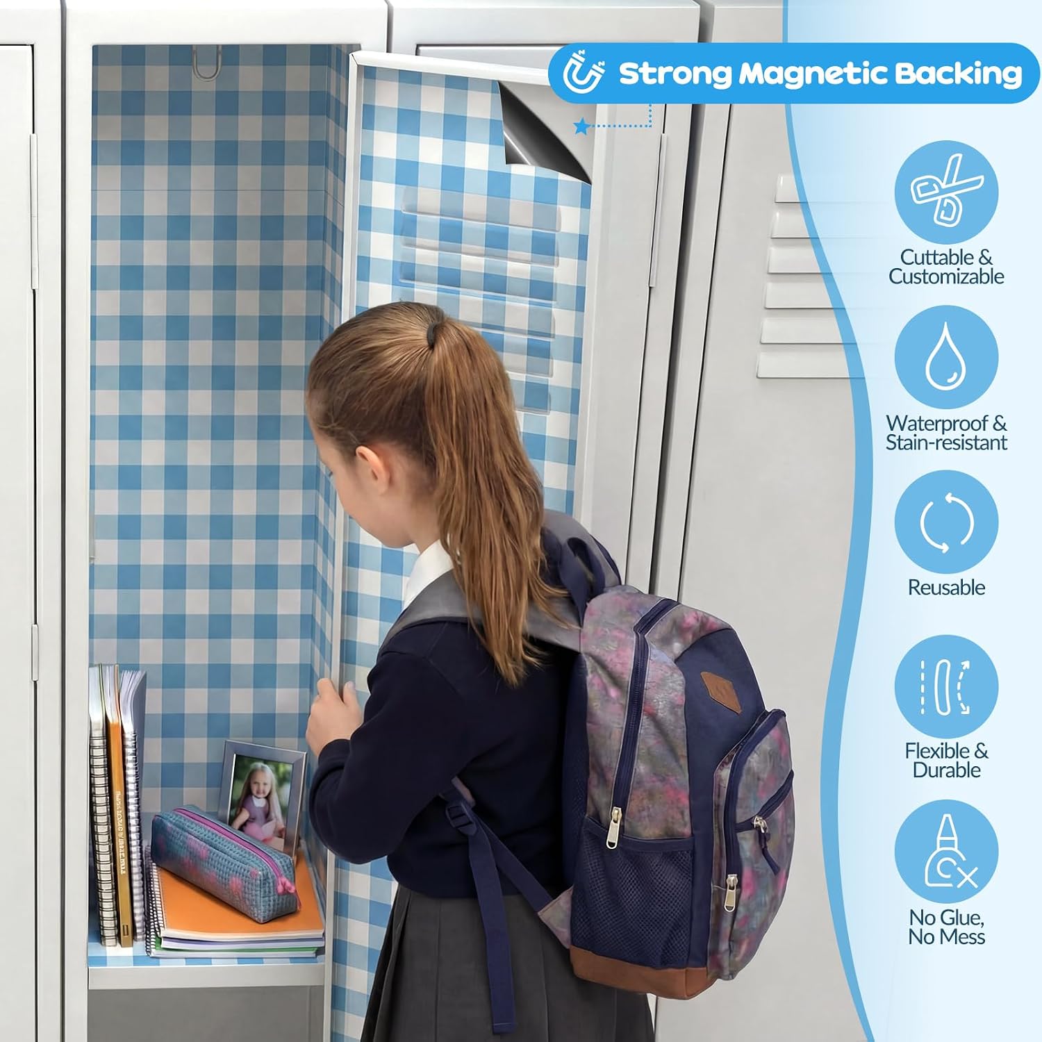 2 Pack 36 x 12 Magnetic Locker Wallpaper Back to School Removable Reusable Magnetic Wall Cover Sheet for School Lockers Fridge Metal Door Girls Decorations Office Supplies(Plaid,Blue)