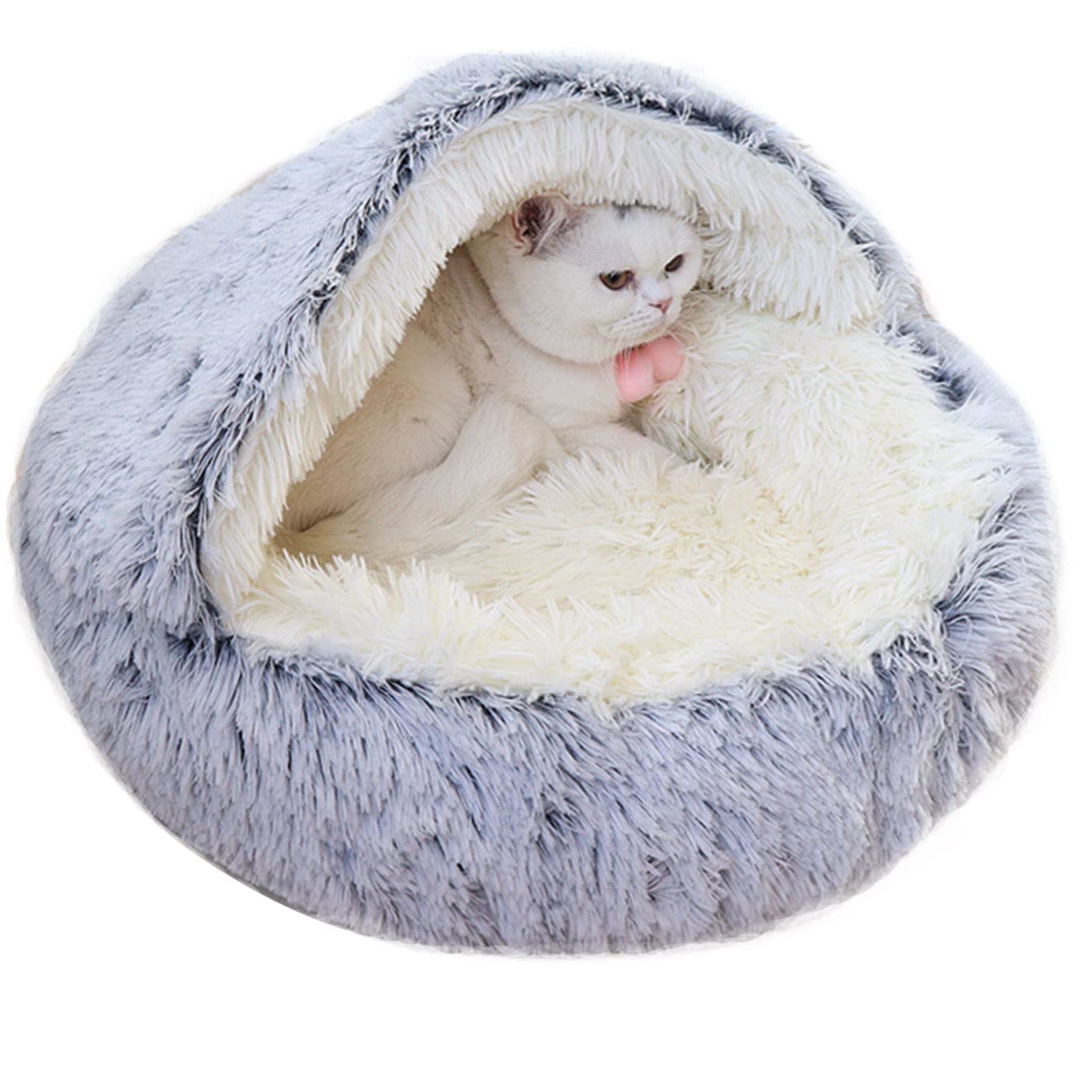 qing yun Cat Cave Bed,Fluffy Cat Hideaway Sleeping Bag,Cozy Plush Warm Pet Dog Cave Bed Anxiety Relief Cat Igloo Bed for Indoor Cats (35cm,Plush Grey)