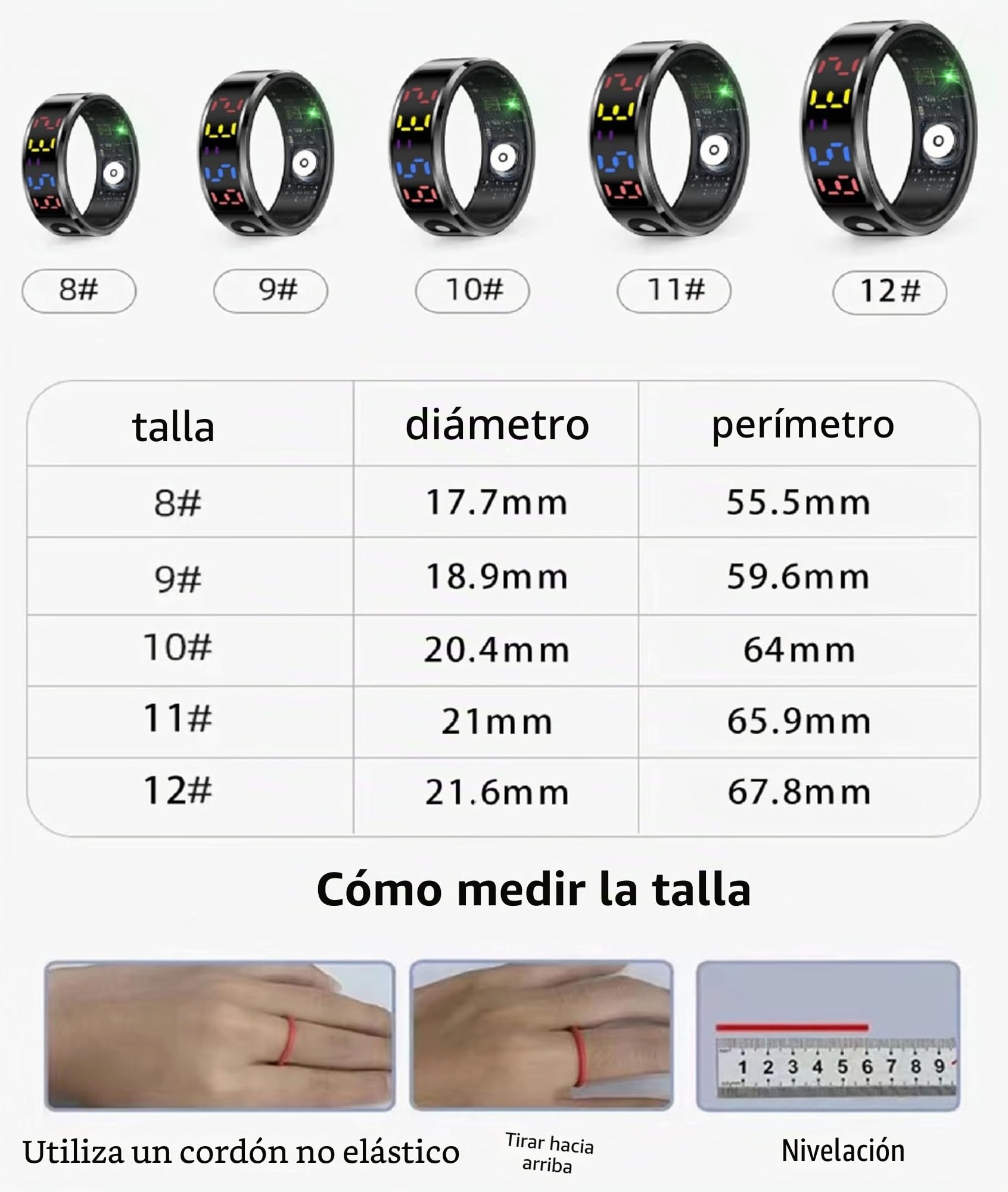 Smart Ring Health Tracker, Touch Control Fitness Anillo con Pantalla de Visualización de Color, Anillo de Salud Inteligente de Acero Inoxidable IP68 para Monitoreo del Sueño de la (#8) (#9) (#10)