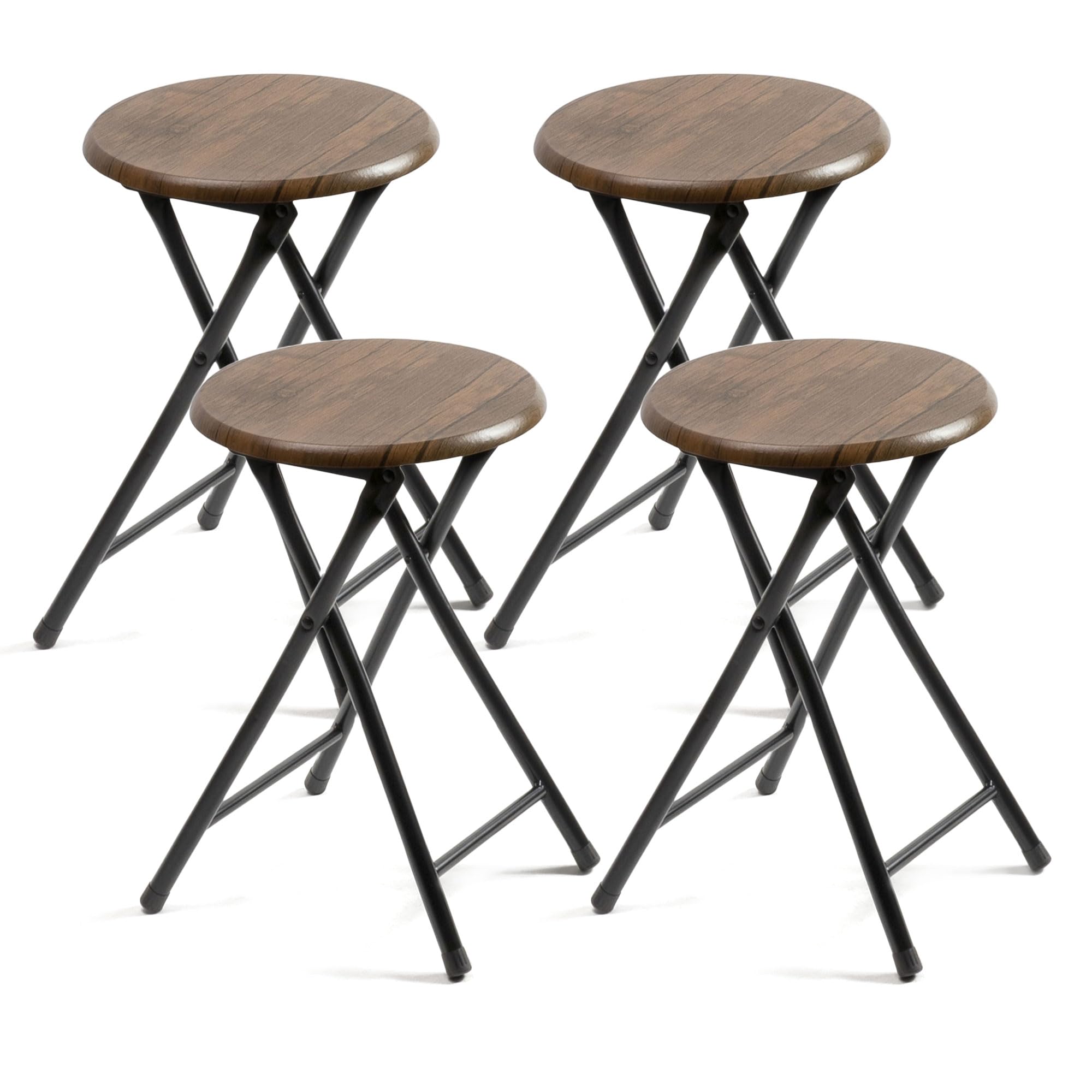 THE SECRET HOME - Pack de 4 Taburetes Plegables de Madera y Metal - Alto. 45 x Ø30 cm - Banqueta sin Respaldo - Ideal para Cocina, Terraza o Jardín - Color Madera Oscura