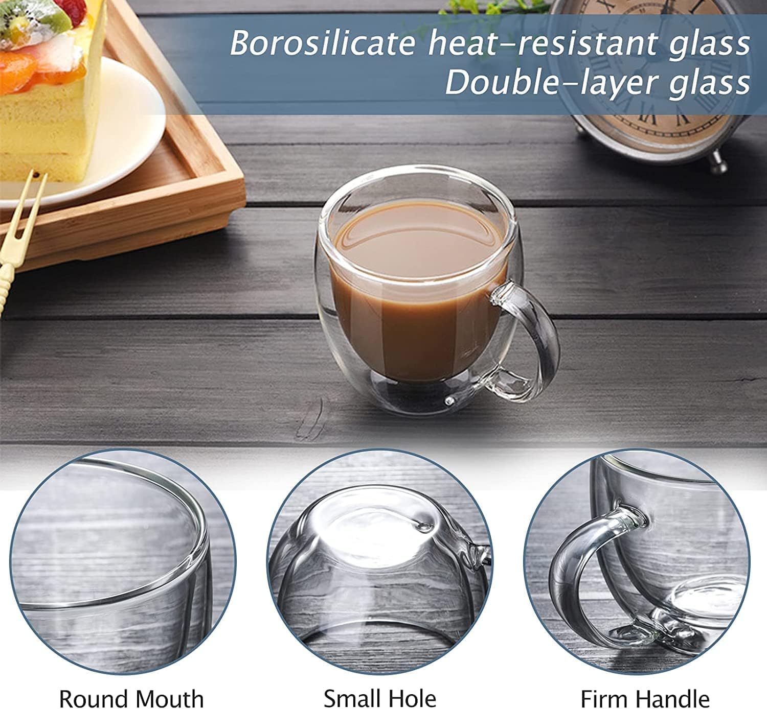 Set di 4 tazze da caffè in vetro a doppia parete, 473,6 ml, isolate con manico, in vetro borosilicato trasparente, perfette per cappuccino, tè, latte, bevande calde, vino, microonde