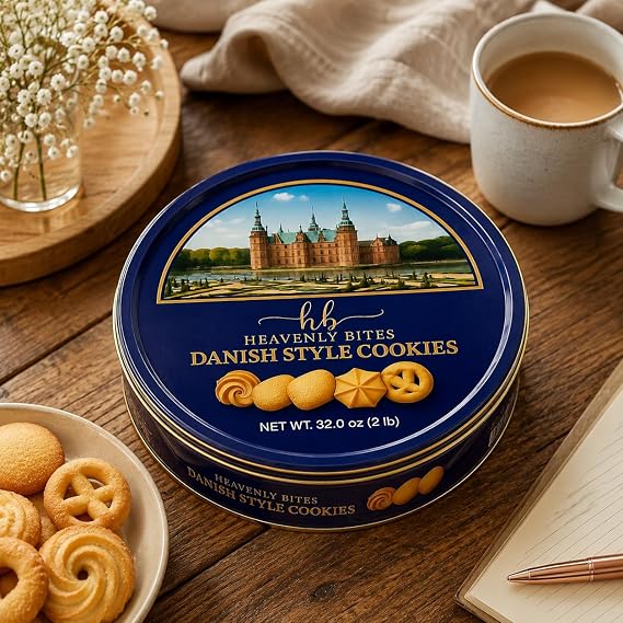 Heavenly Bites Danish Style Butter Cookies in Metal Tin, 32 Oz