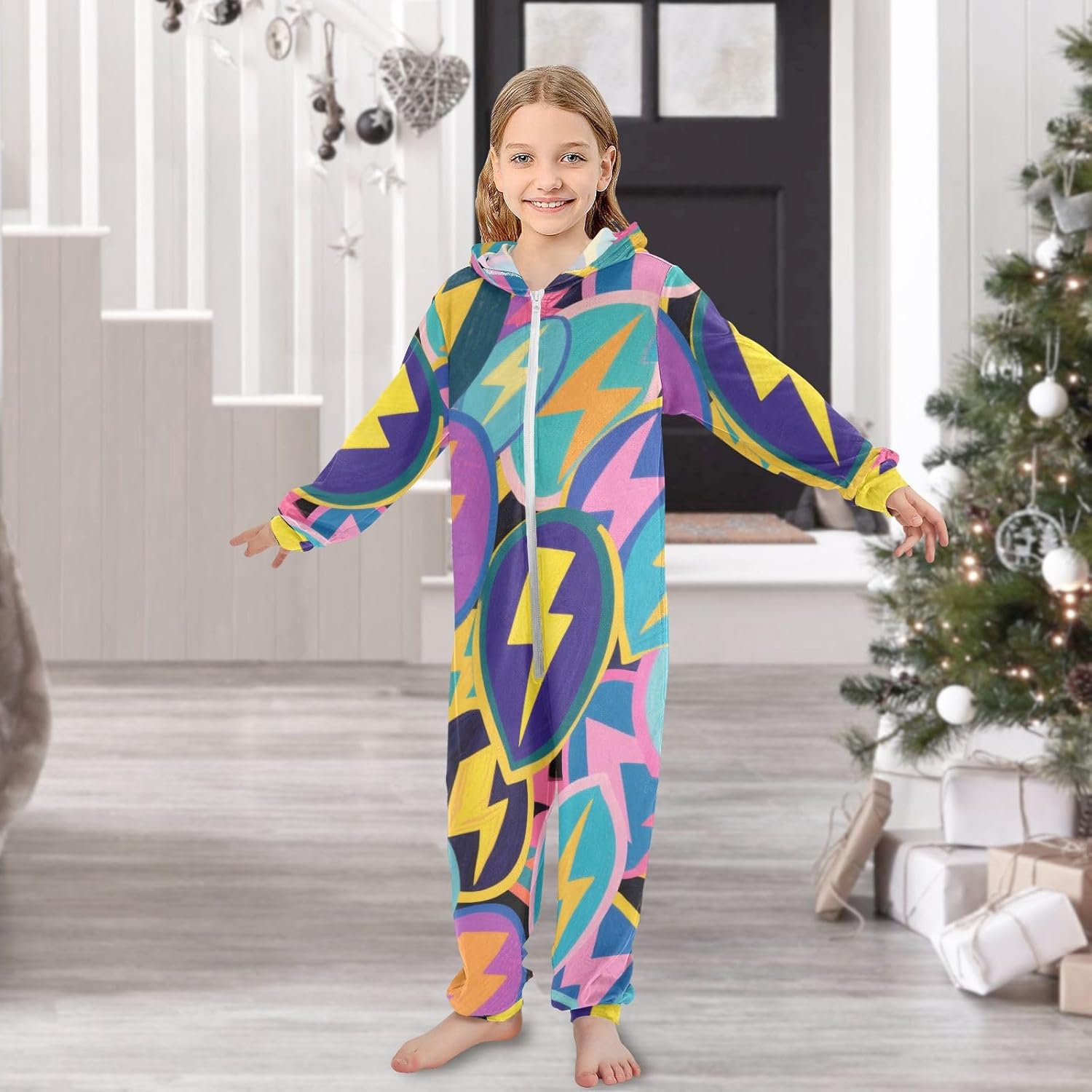 Onesie Pajamas Zipper Hooded One-Piecing Loungewear Sleepwear for Parties Sleepovers 4-14Y