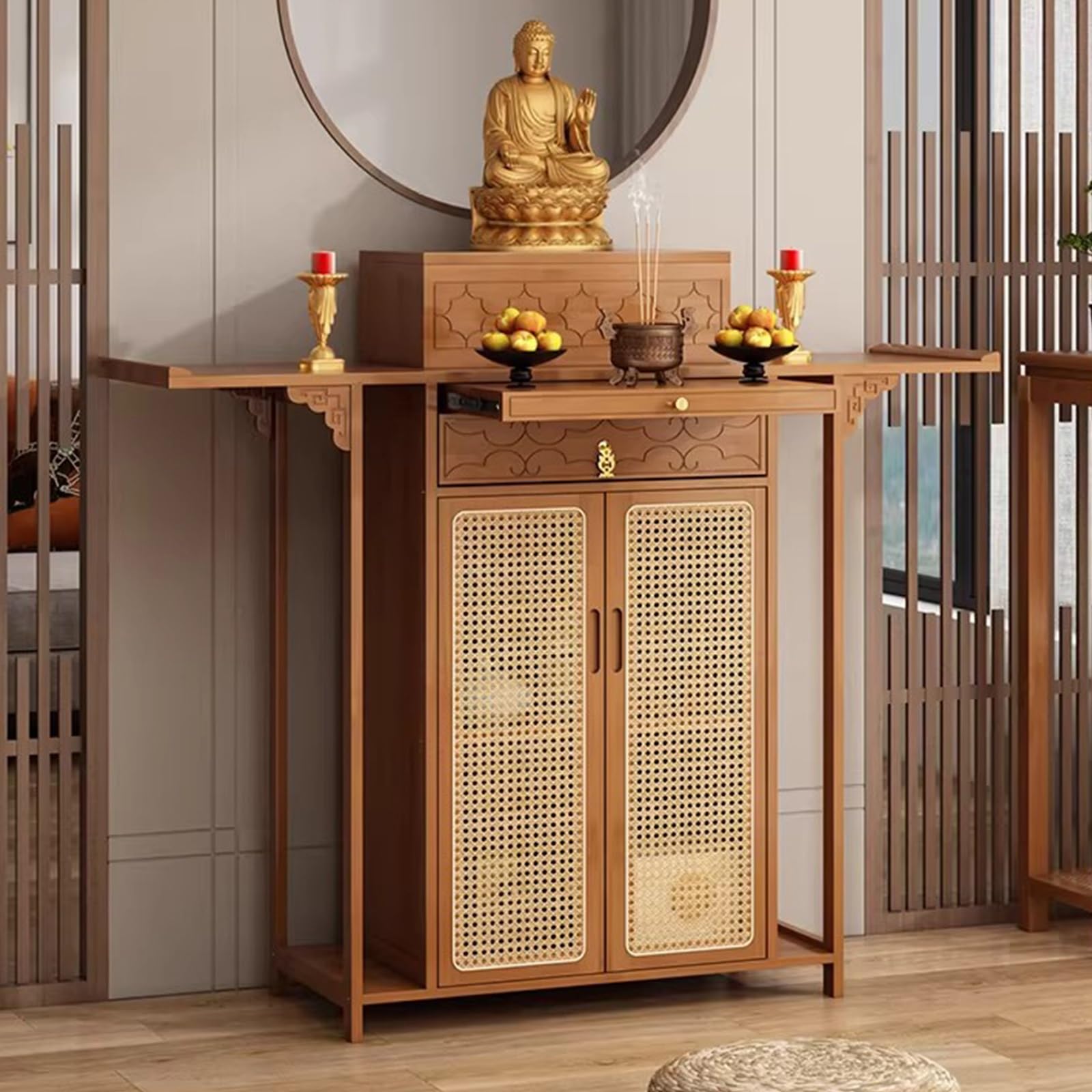 LSOPCYE Chinese Shrine Altar Table, Bamboo Buddha Buddhist Altar Cabinet