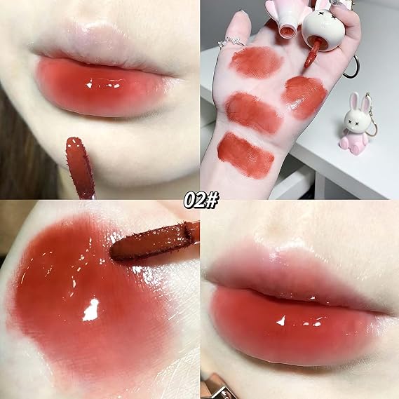3 Colors Cute Bunny Lip Gloss Set With Keychain,Jelly Lip Plumper Pink Gloss For Girls,Long Lasting Nourishing Liquid Lipstick Vegan Formula with High-Shine Finish