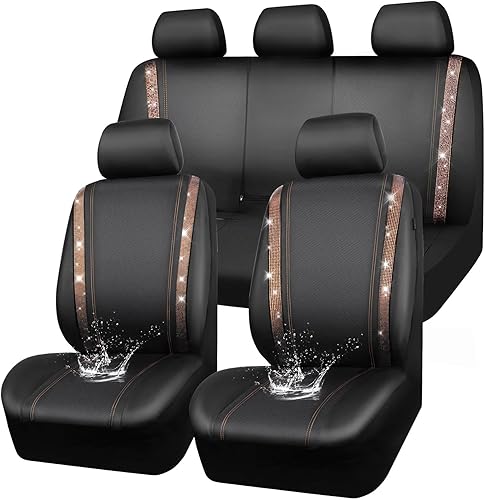 Miniatura 12 de CAR PASS Juego completo de fundas de asiento de automóvil con diamantes brillantes, piel sintética impermeable con diamantes de imitación, parte