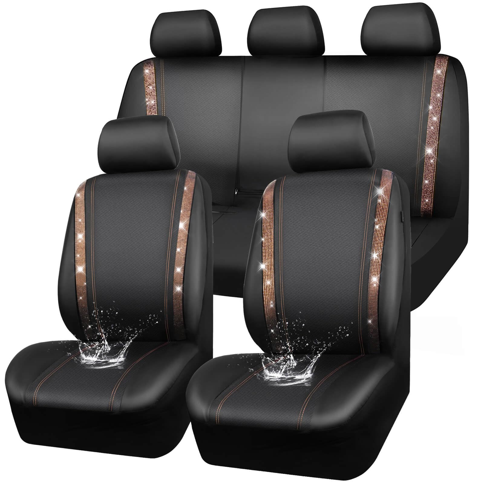 CAR PASS Bling Diamond Car Seat Covers Full Sets, Shining Rhinestone Waterproof Faux Leather, with Zipper, Universal Fit Automotive Glitter Crystal Sparkle Strips Cute Women Girl, Champagne Gold