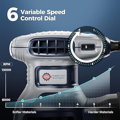 Miniatura 3 de Lijadora orbital aleatoria, 6 velocidades variables con bolsa de polvo, 360W, lijadora de mano de palma para carpintería, lijadora eléctrica de mano