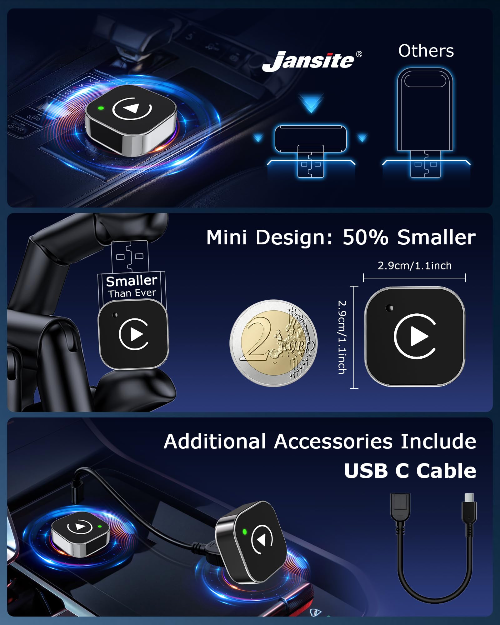 2 en 1 Adaptador Carplay Inalambrico Android Auto para Apple/Android Auto | Plug and Play, Diseño Compacto, Wi-Fi de Doble Banda de 2,4 GHz + 5,8 GHz, Ampliamente Compatible, Conexión Automática