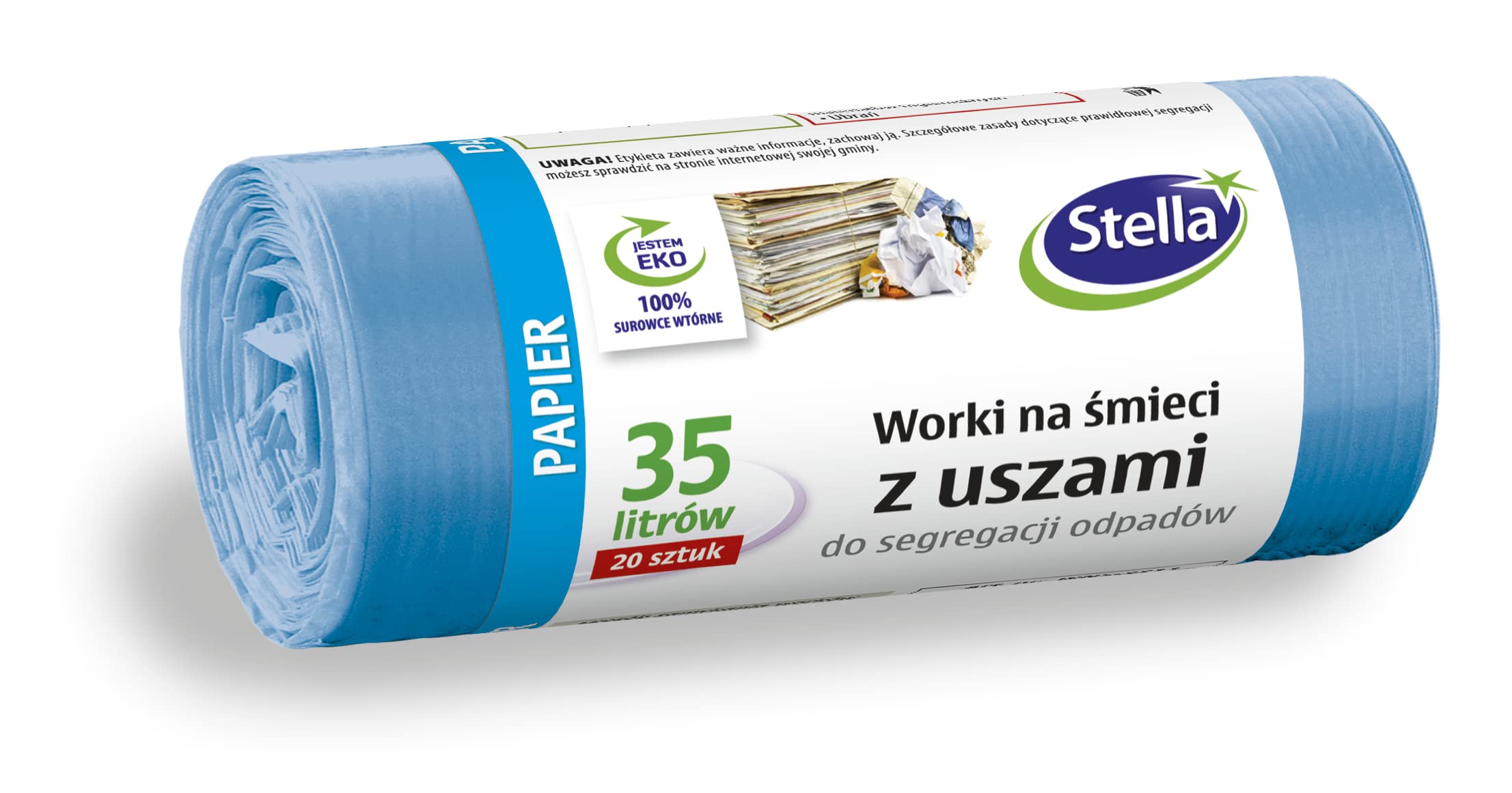 Stella 032211 Bin Liners with Handles for Separating Waste Paper Waste | 35 L | Pack of 20 | Bin Bags for Household Waste Office Made of Thick LDPE Regranulate Film Colour: Blue