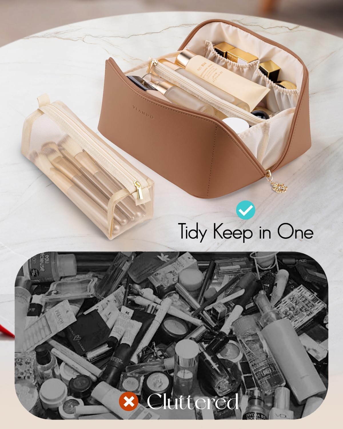 VLANDO Makeup Bag,Large Capacity Travel Toiletry Bag,Cosmetic Bags for Women PU Leather Waterproof Portable Pouch with Divider & Handle-Brown - Image 7