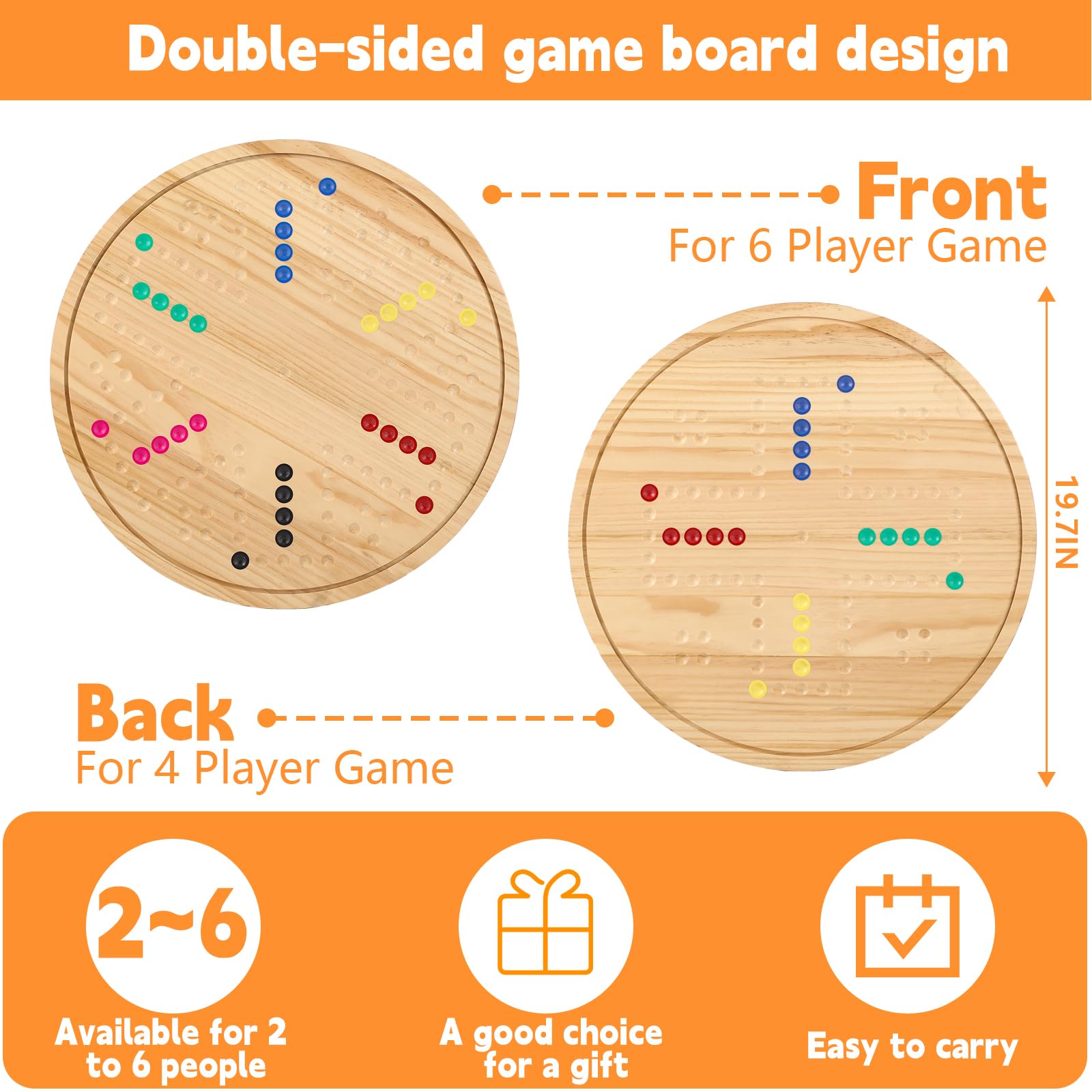Juego de mesa de mármol Wahoo de doble cara, juego familiar de madera maciza para 4 a 6 jugadores con 24 piezas de mármol natural, 6 dados y revestimiento impermeable, juego de estrategia de madera de