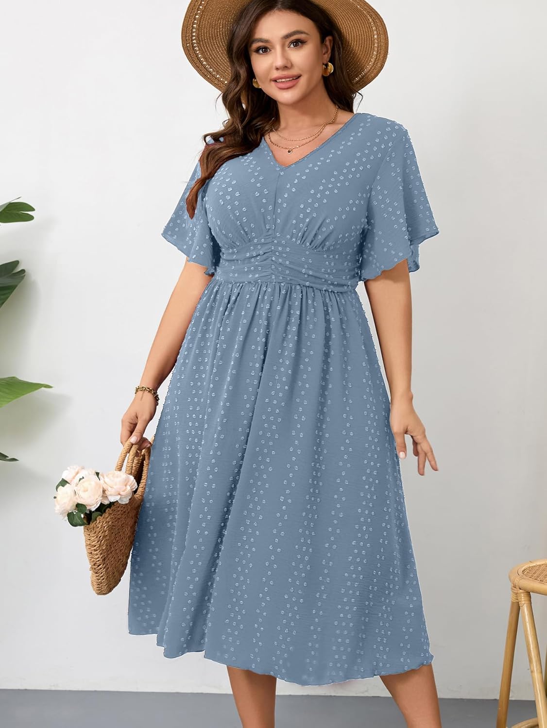 RWJ Women's Plus Size Maxi Dress V Neck Short Sleeve Swiss Dot A Line High Waist Boho Swing Casual Summer Dresses - Image 3