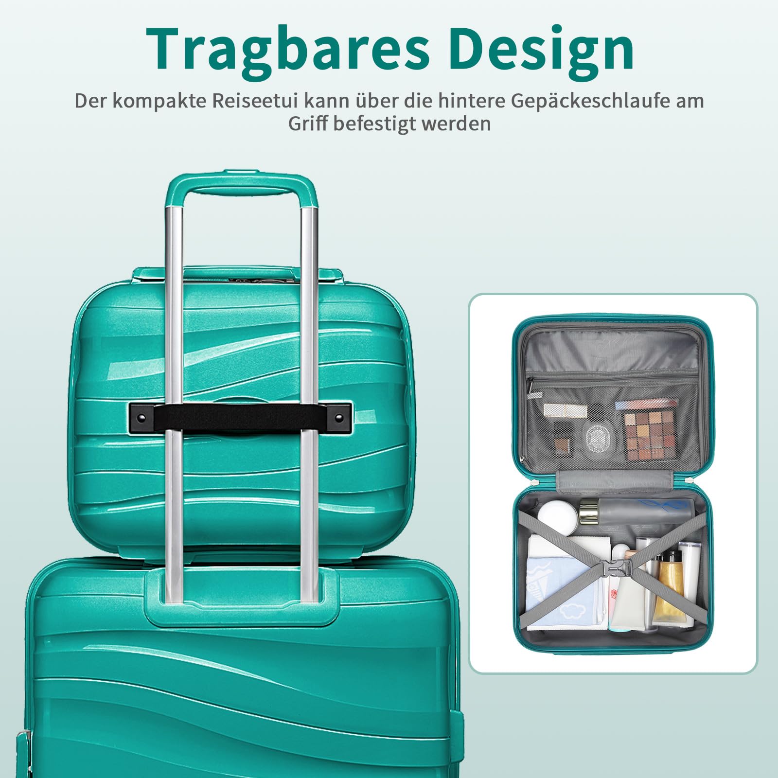 KONO Gepäckset 2-teilig Handgepäck Koffer Trolley 55cm + Kosmetikkoffer aus Polypropylen Hartschale, Koffer mit 4 Rollen und TSA Schloss (Grün)