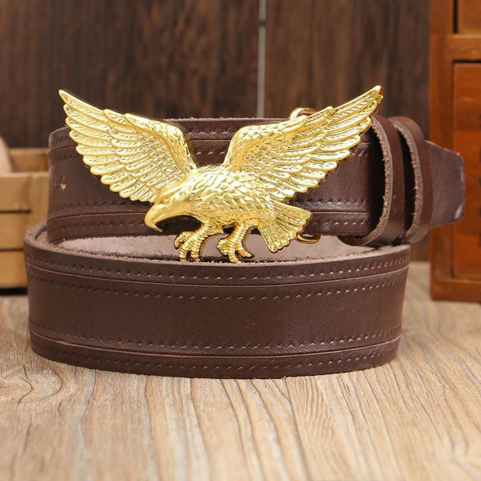 Cintura In Pelle Da Uomo E Donna Con Fibbia Western Incisa Aquila Volante Dorata, Cinturino Cowboy, Cowgirl Country