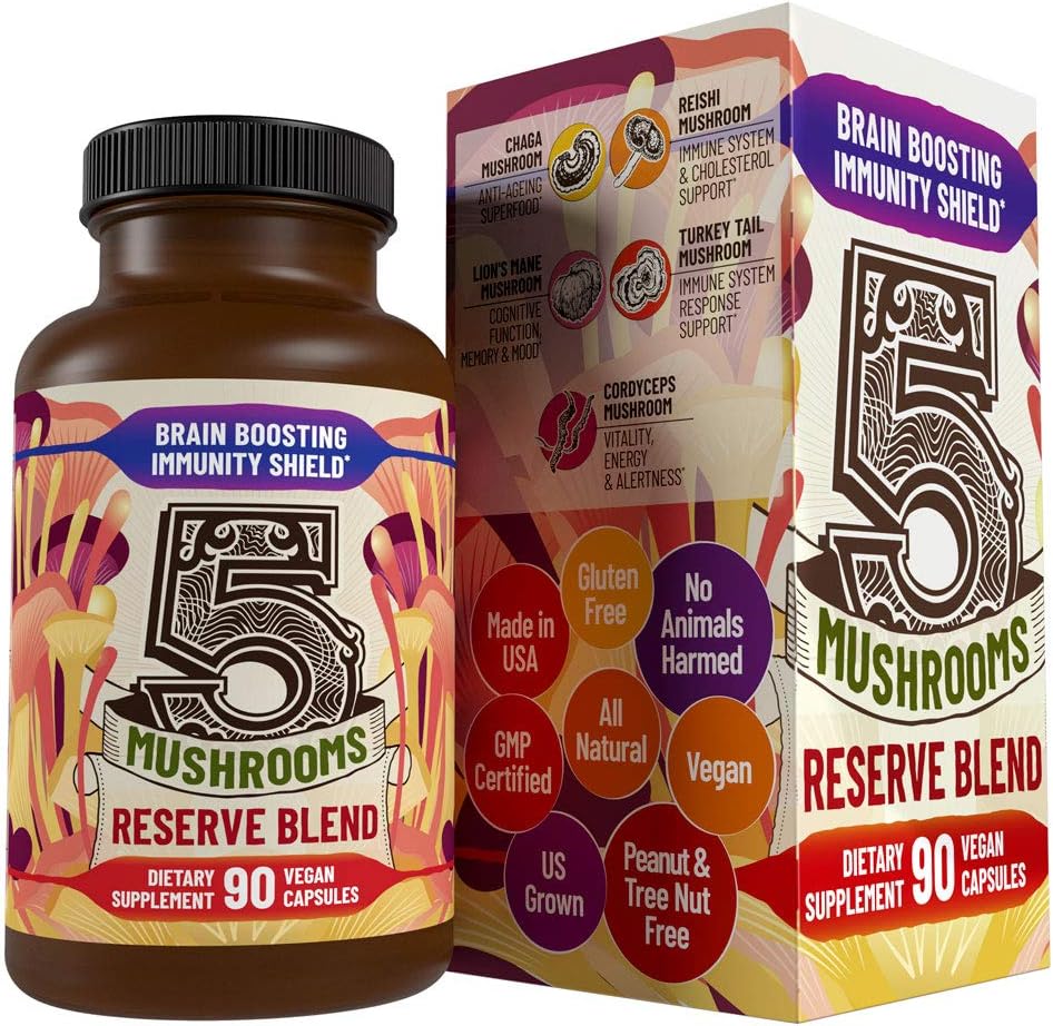 5 Mushrooms Reserve Blend Mushroom Supplement - Lions Mane, Turkey Tail, Reishi, Chaga, Cordyceps - Immune System, Brain, Cognition, Energy, Mood Support