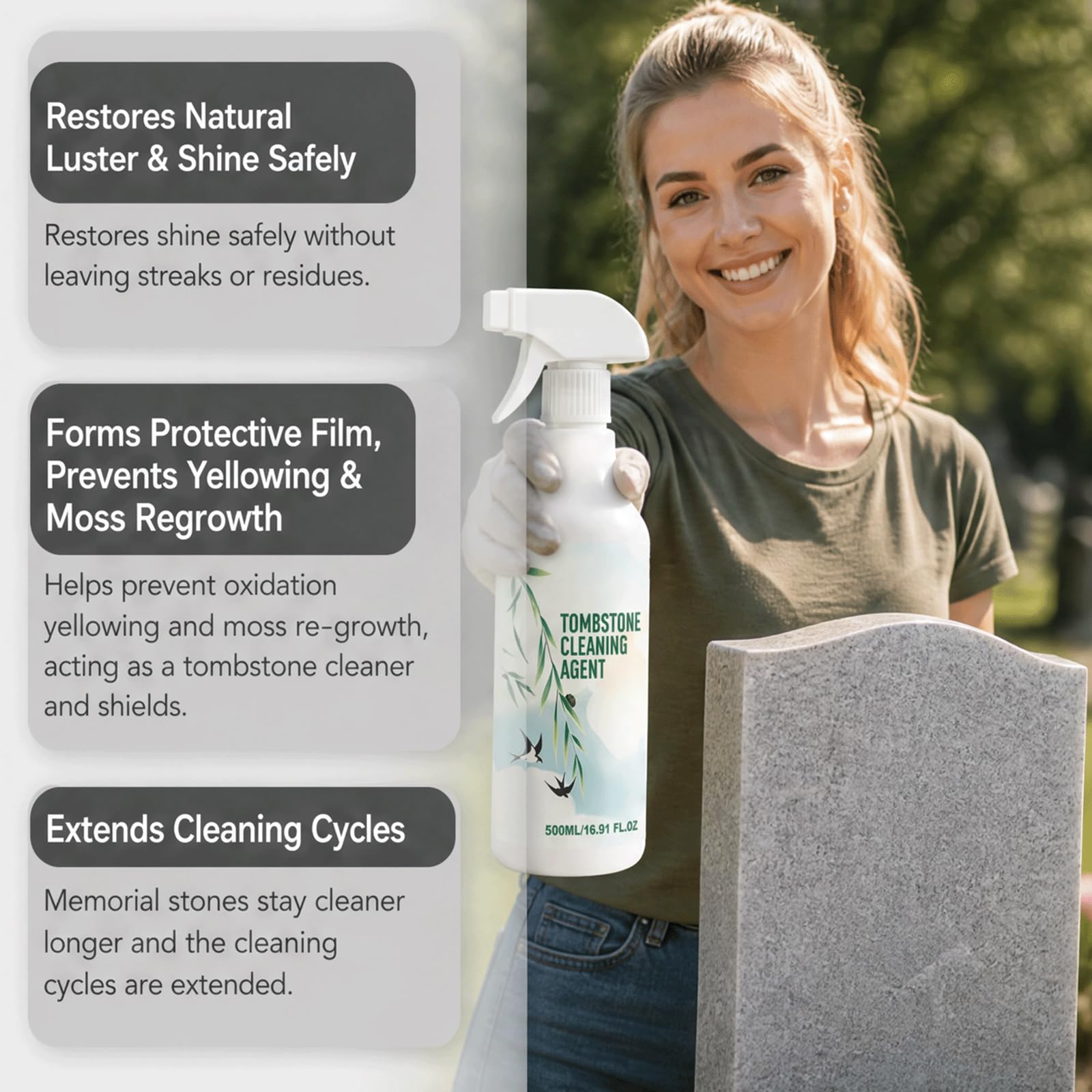 Spray de limpieza seguro y no abrasivo para lápidas y monumentos, elimina el musgo duro, la suciedad y las manchas de agua al instante, sin daños, restaura el brillo y forma una película protectora